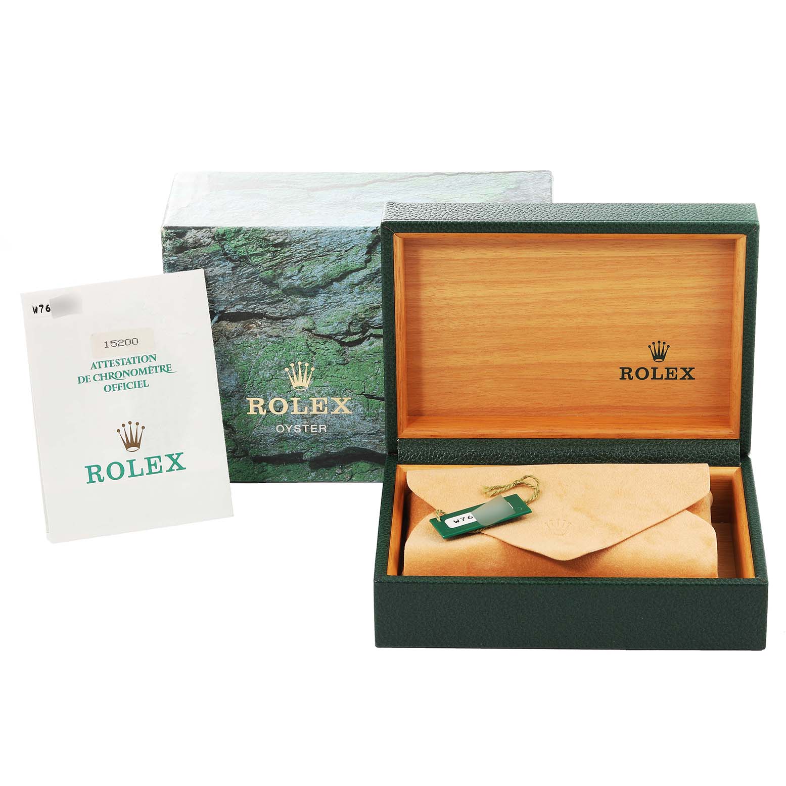 The image shows a Rolex Date 15200 Men
s Stainless Steel White Dial 15200 Men
s Stainless Steel White Dial packaging including its branded inner and outer boxes, and certification documentation.