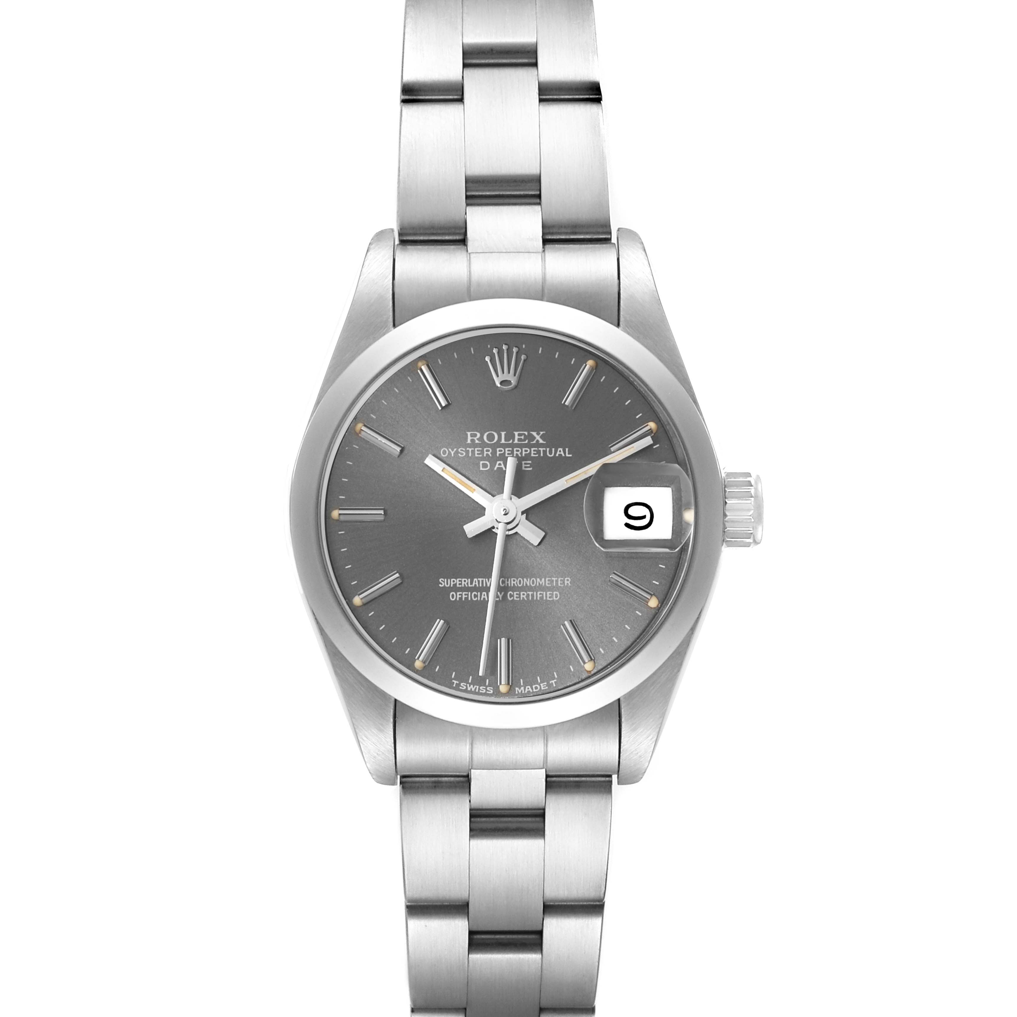The image shows a frontal view of a Rolex Date 69160 Women
s Stainless Steel Grey Dial 69160 Women
s Stainless Steel Grey Dial model watch, featuring the dial, hands, date window, and part of the bracelet.