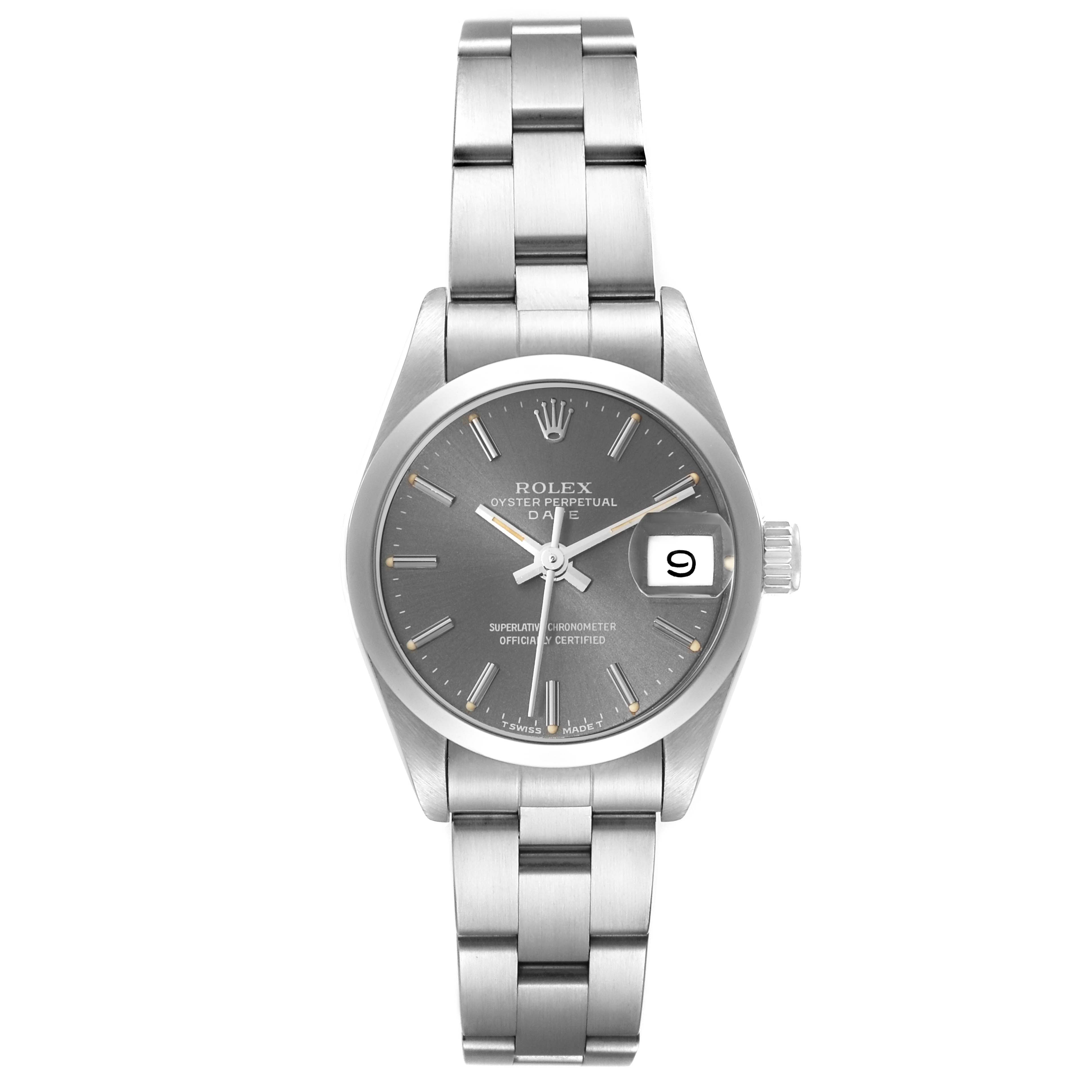 This Rolex Date 69160 Women
s Stainless Steel Grey Dial 69160 Women
s Stainless Steel Grey Dial model watch is shown from a front angle, displaying the face, bezel, crown, and bracelet.