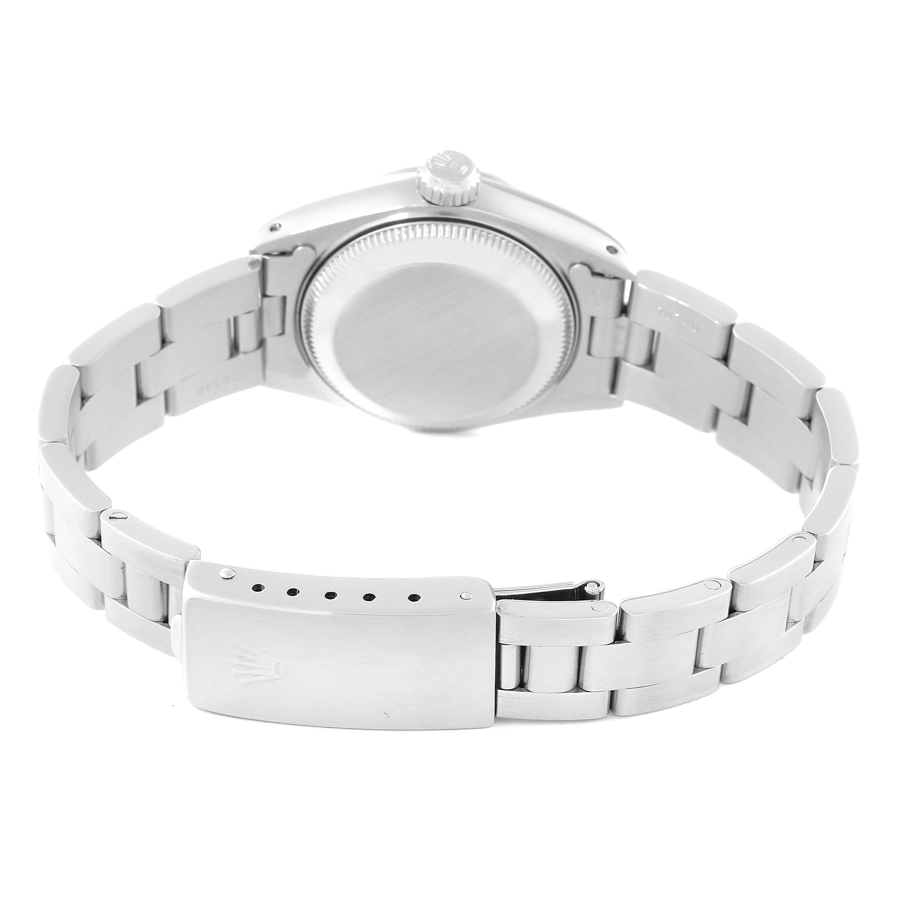 The image shows the back view and bracelet of a Rolex Date 69160 Women
s Stainless Steel Grey Dial 69160 Women
s Stainless Steel Grey Dial watch, including the clasp and case back.