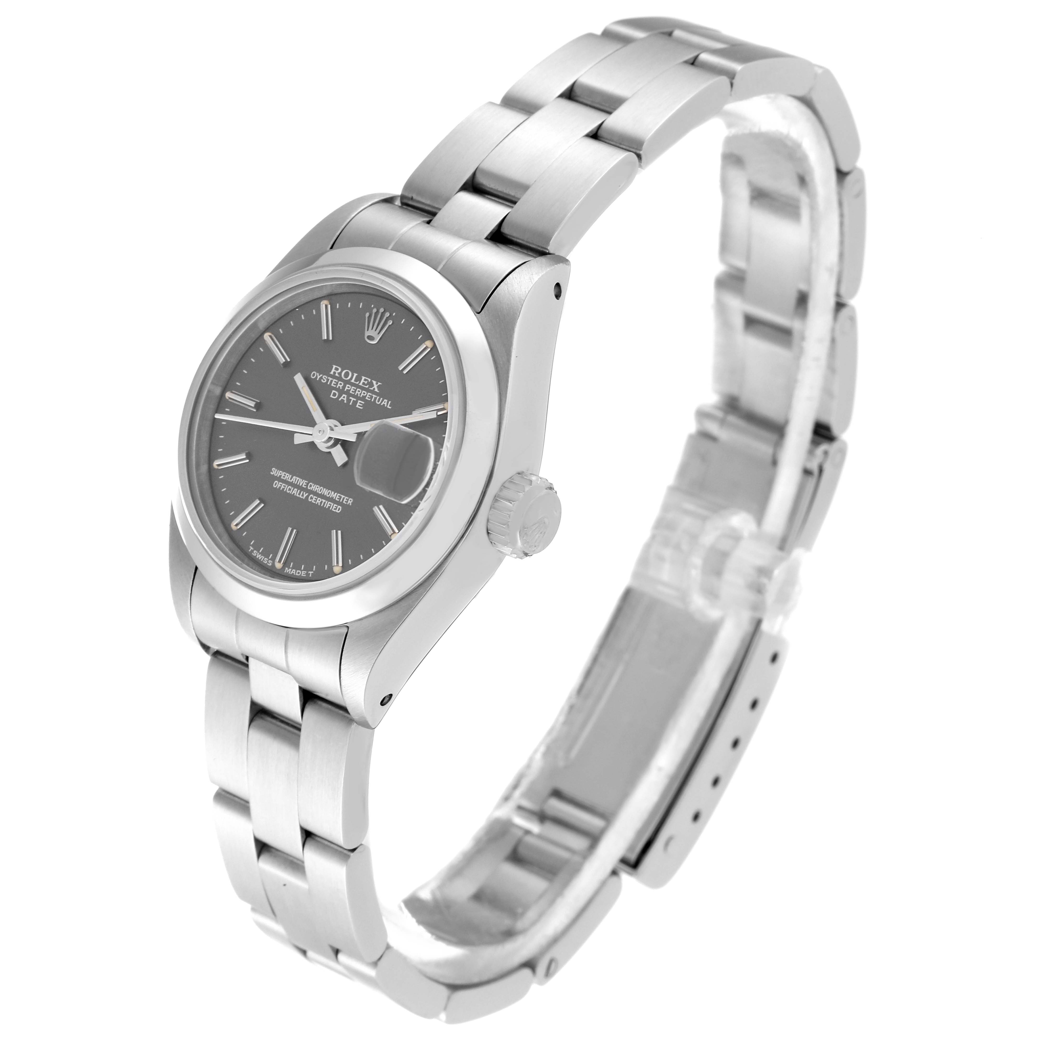 The Rolex Date 69160 Women
s Stainless Steel Grey Dial 69160 Women
s Stainless Steel Grey Dial model watch is shown at an angle highlighting the face, bezel, crown, and bracelet.