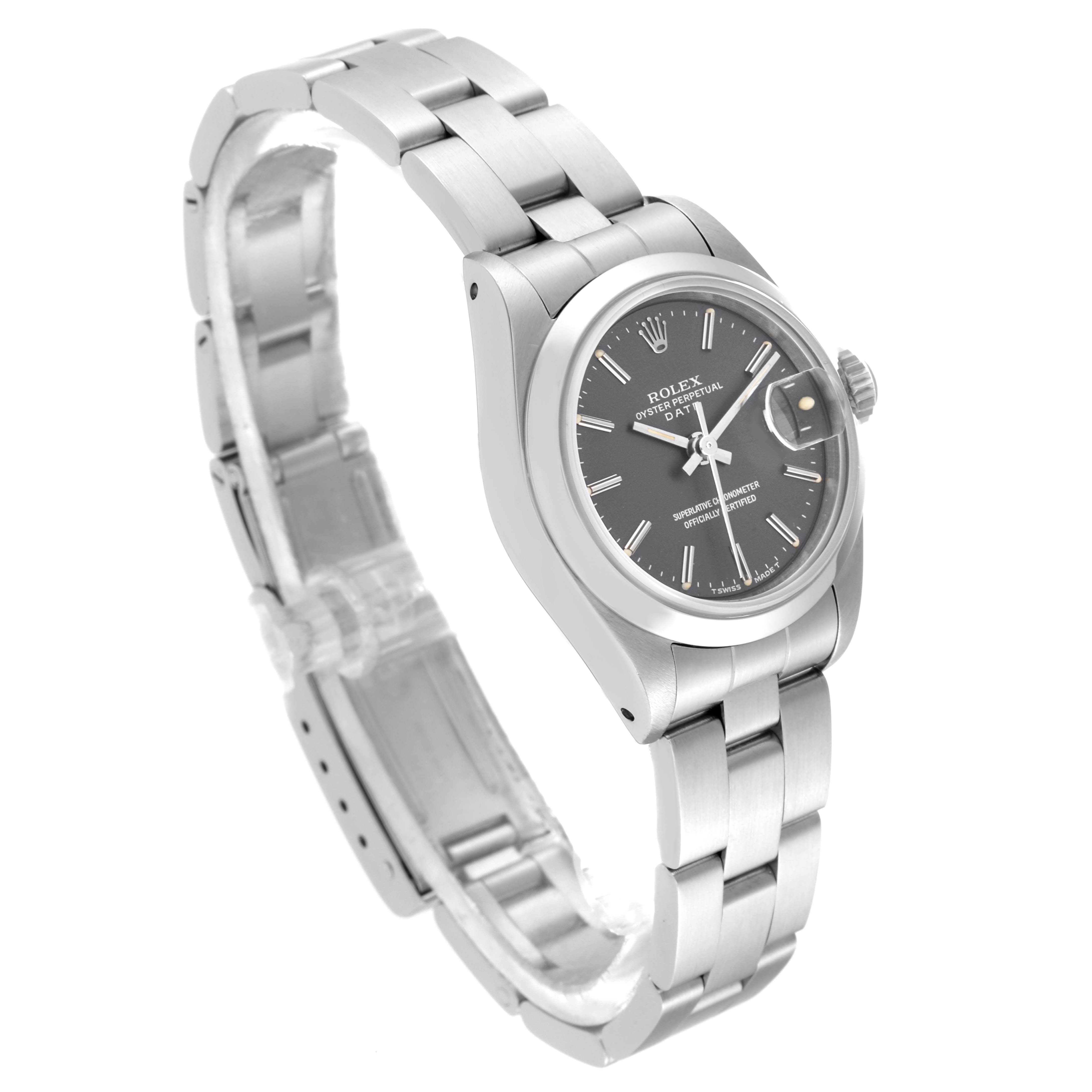 The image shows a Rolex Date 69160 Women
s Stainless Steel Grey Dial 69160 Women
s Stainless Steel Grey Dial model watch at a slight angle, displaying the face, bezel, and part of the bracelet.