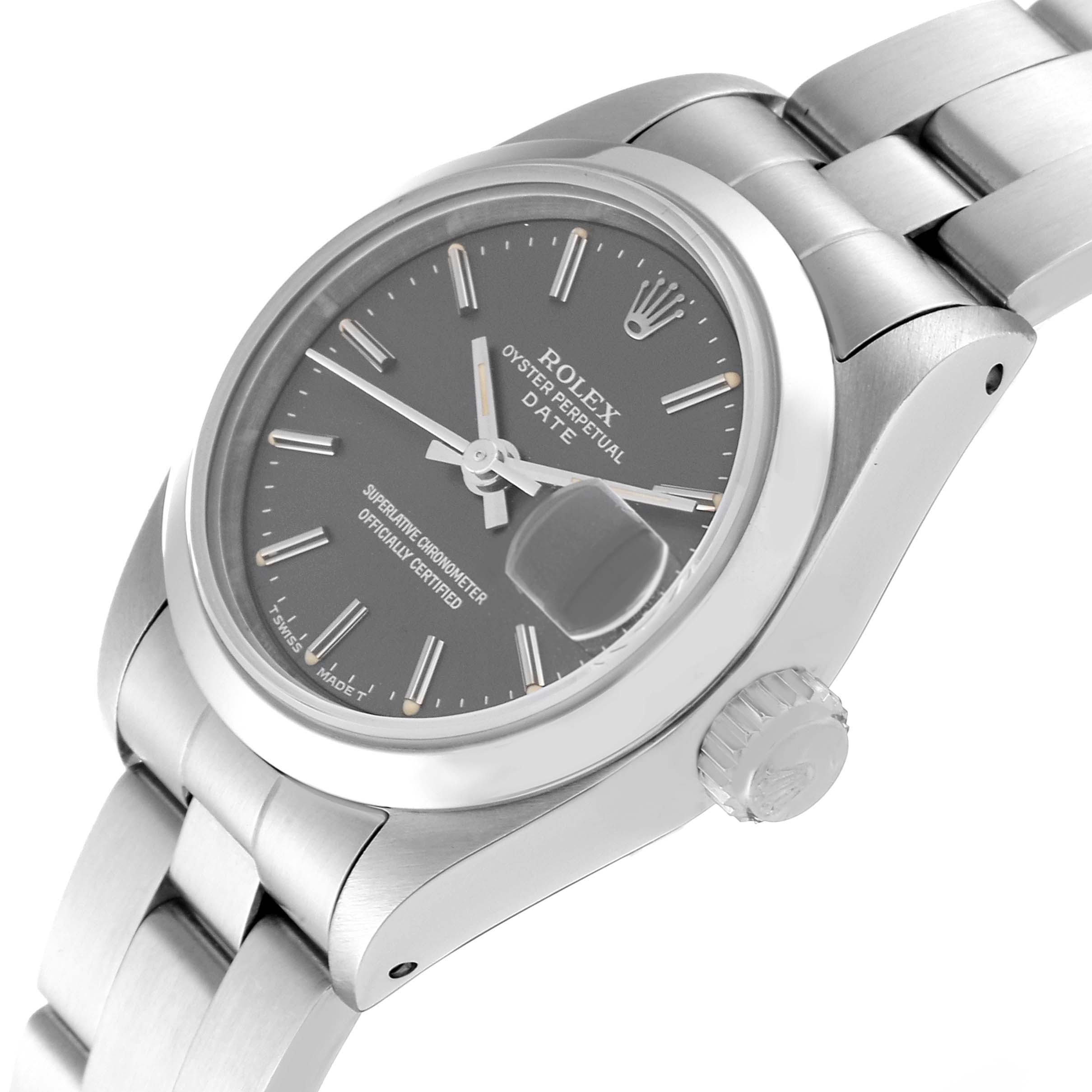 The image shows a Rolex Date 69160 Women
s Stainless Steel Grey Dial 69160 Women
s Stainless Steel Grey Dial model watch viewed from an angled side perspective, highlighting the dial, bracelet, and crown.