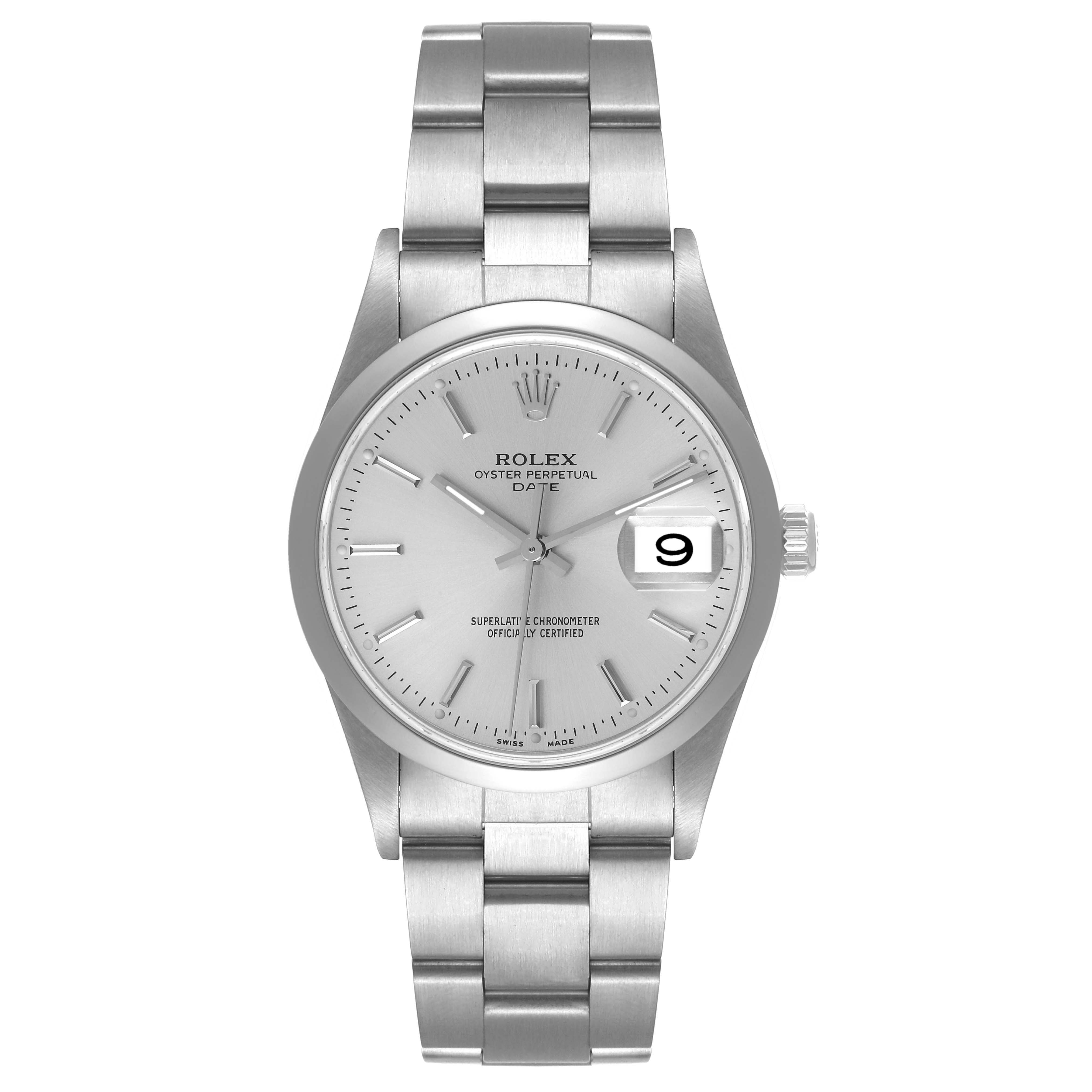 This image shows a front view of a Rolex Date 15200 Men's Stainless Steel Silver Dial 15200 Men's Stainless Steel Silver Dial model watch, displaying its stainless steel bracelet, dial, and date window.