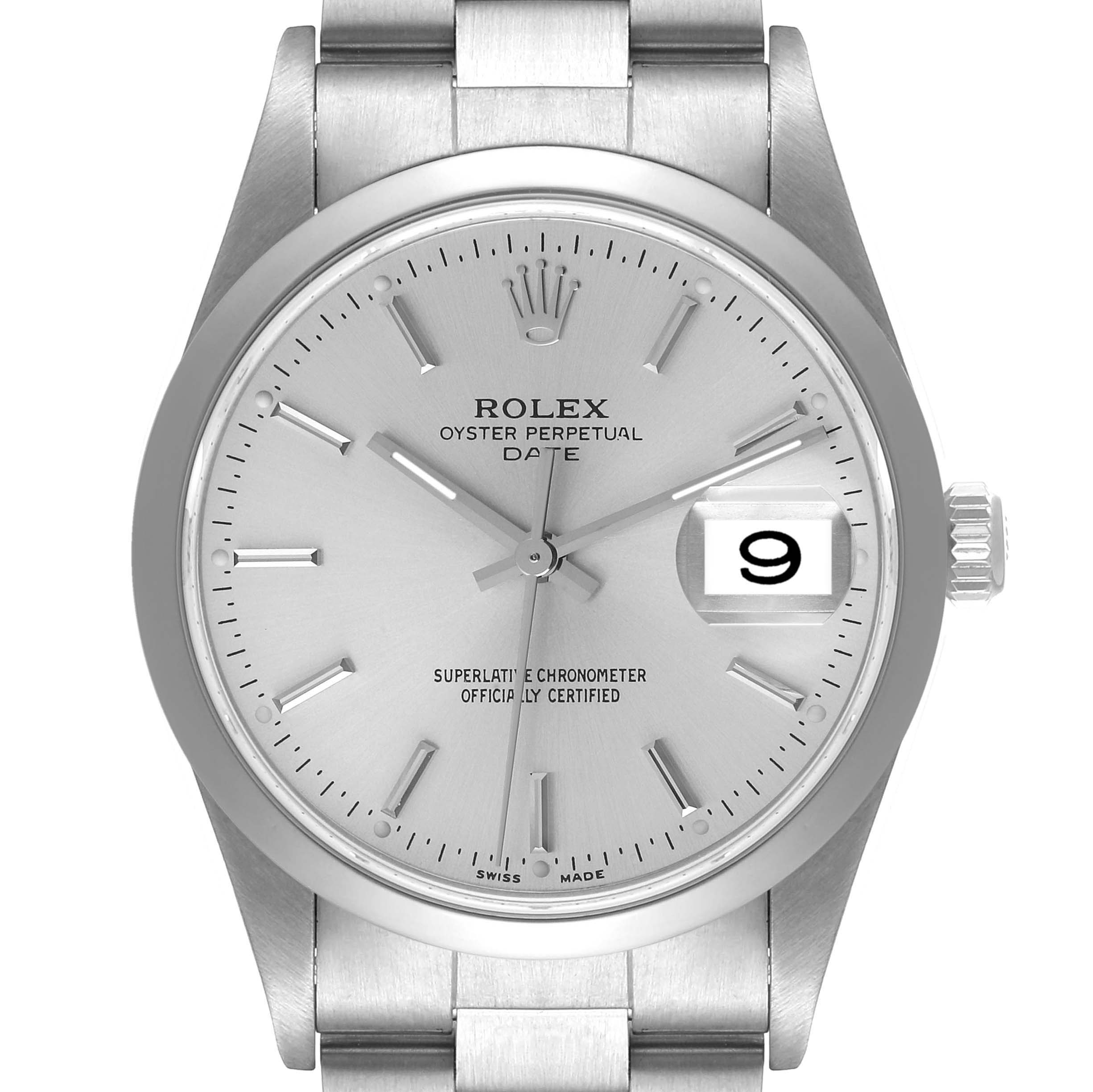 This image shows the front view of a Rolex Oyster Perpetual Date watch, focusing on the dial, hands, date window, and part of the bracelet.