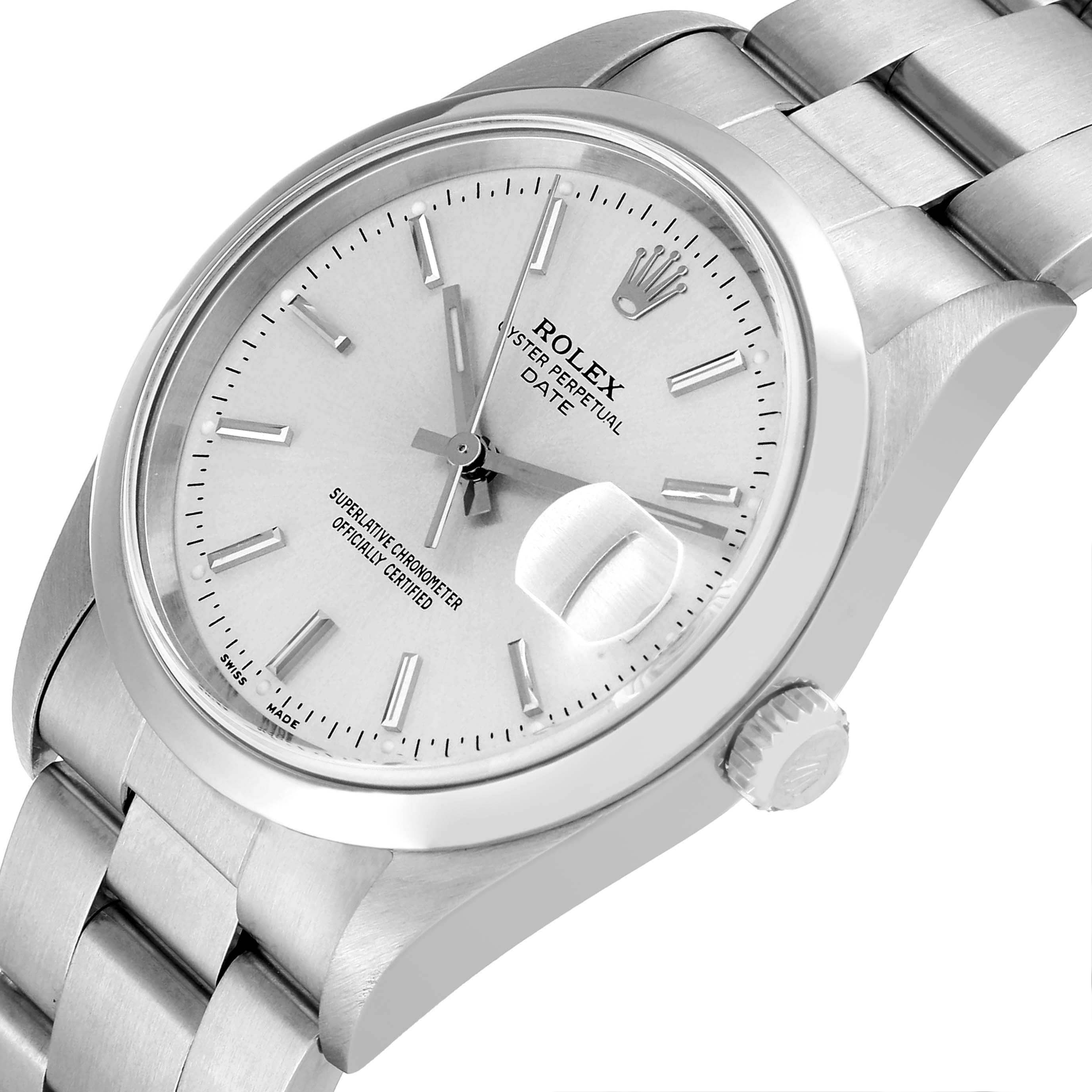 The Rolex Date 15200 Men's Stainless Steel Silver Dial 15200 Men's Stainless Steel Silver Dial watch is shown angled from the right side, featuring the dial, crown, and part of the bracelet.