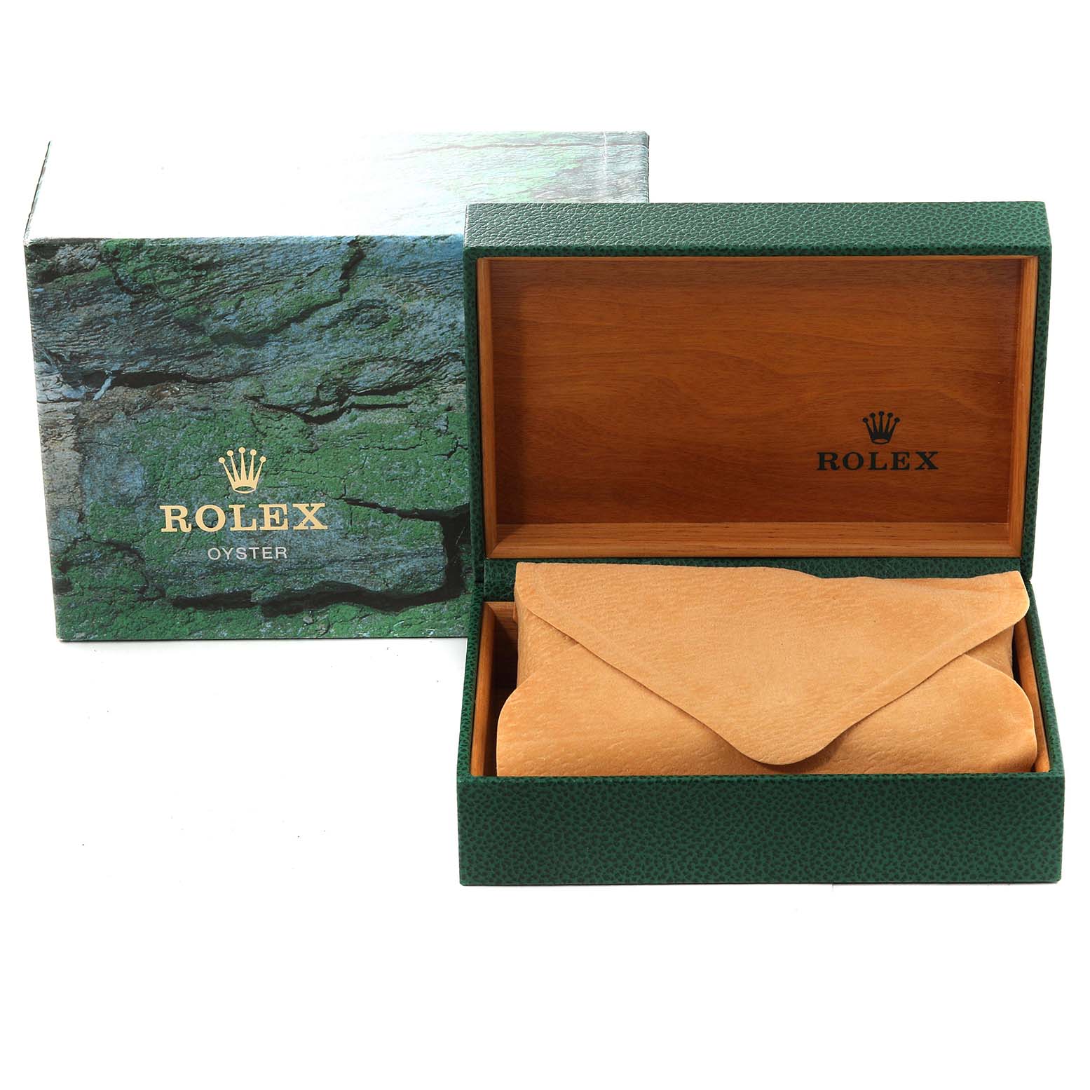 The image shows the packaging for a Rolex Date 15200 Men's Stainless Steel Silver Dial 15200 Men's Stainless Steel Silver Dial model watch, including an outer box, an inner wooden box, and a leather pouch.