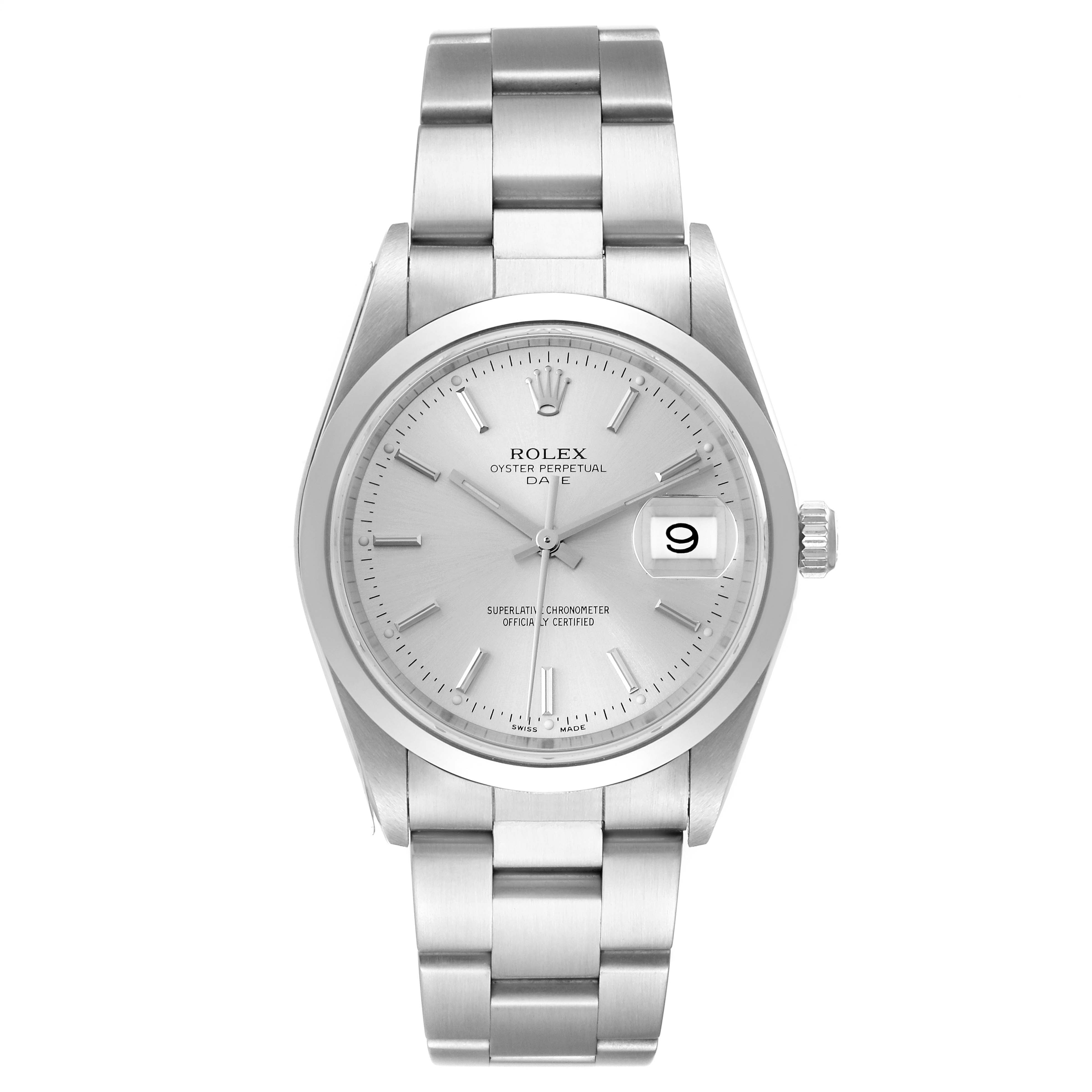 The image shows a front view of the Rolex Date 15200 Men's Stainless Steel Silver Dial 15200 Men's Stainless Steel Silver Dial model, including the dial, bracelet, and date window.