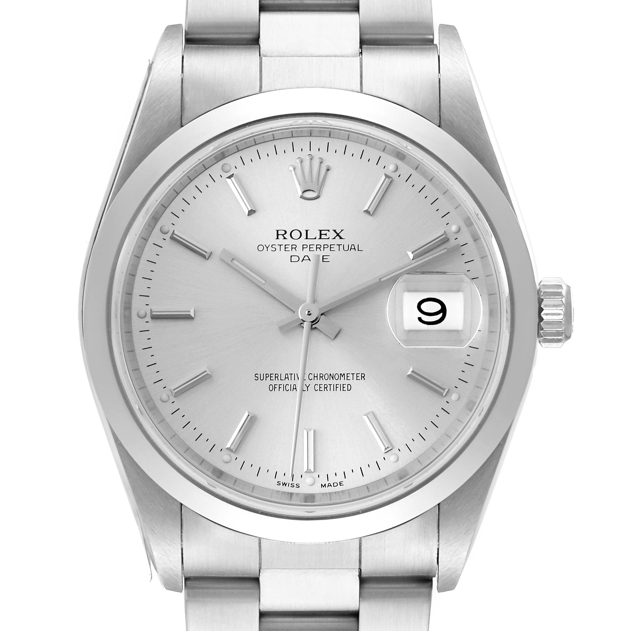 The image shows a front view of the Rolex Oyster Perpetual Date, highlighting its face, bezel, and part of the bracelet.