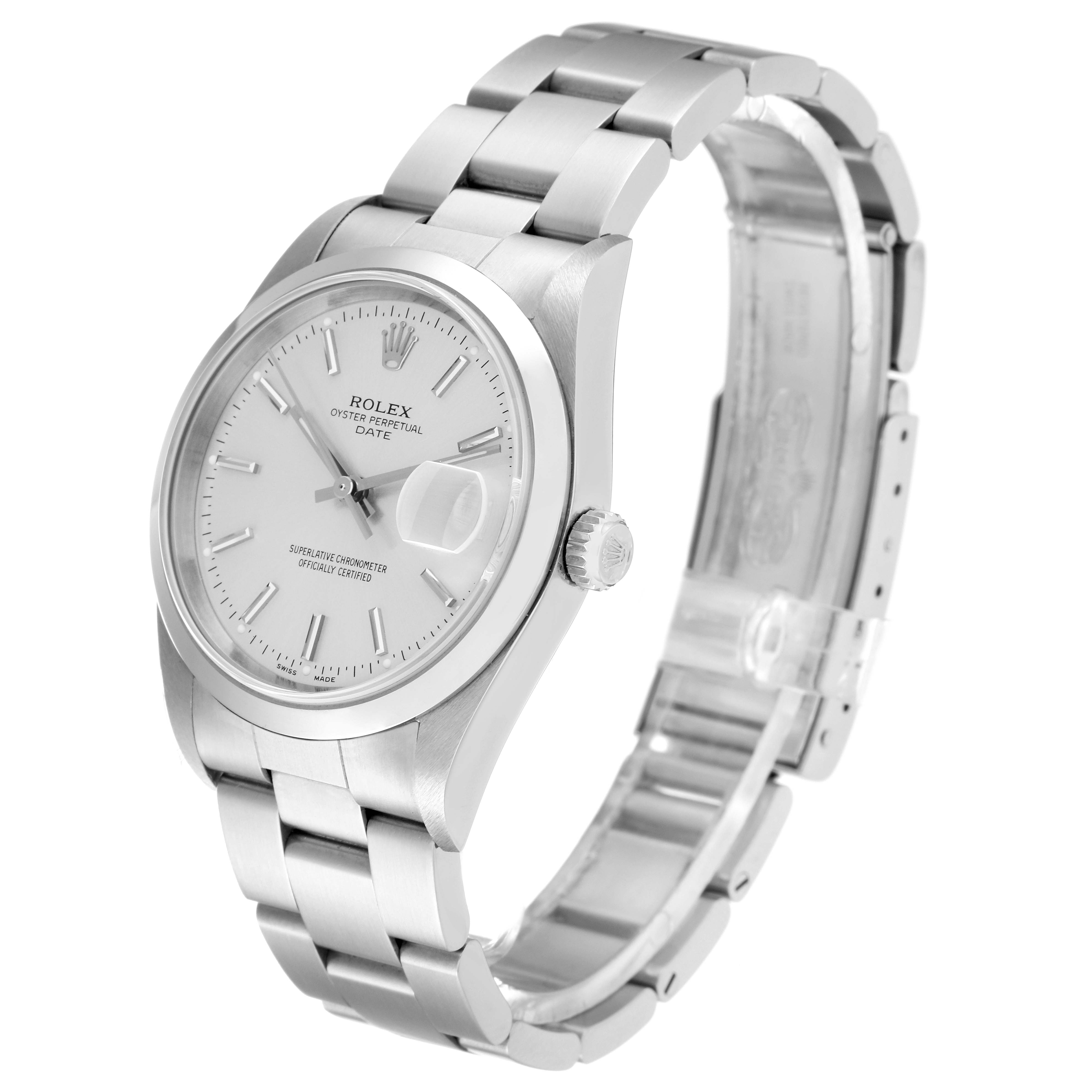 This image shows a side angle of a Rolex Date 15200 Men's Stainless Steel Silver Dial 15200 Men's Stainless Steel Silver Dial model watch featuring its dial, crown, and bracelet.