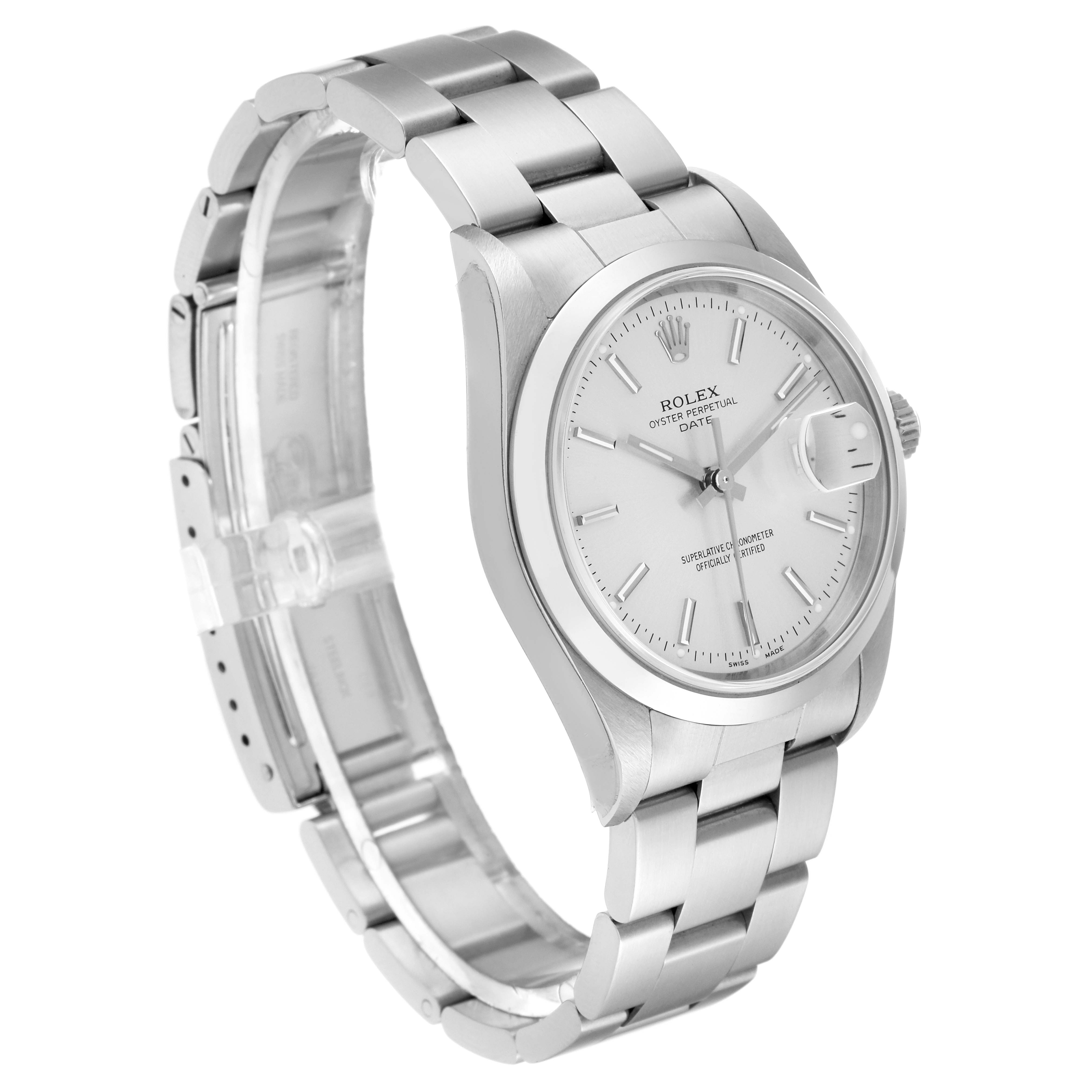 The image shows a side angle view of the Rolex Date 15200 Men's Stainless Steel Silver Dial 15200 Men's Stainless Steel Silver Dial model watch, revealing the dial, bezel, crown, and bracelet.