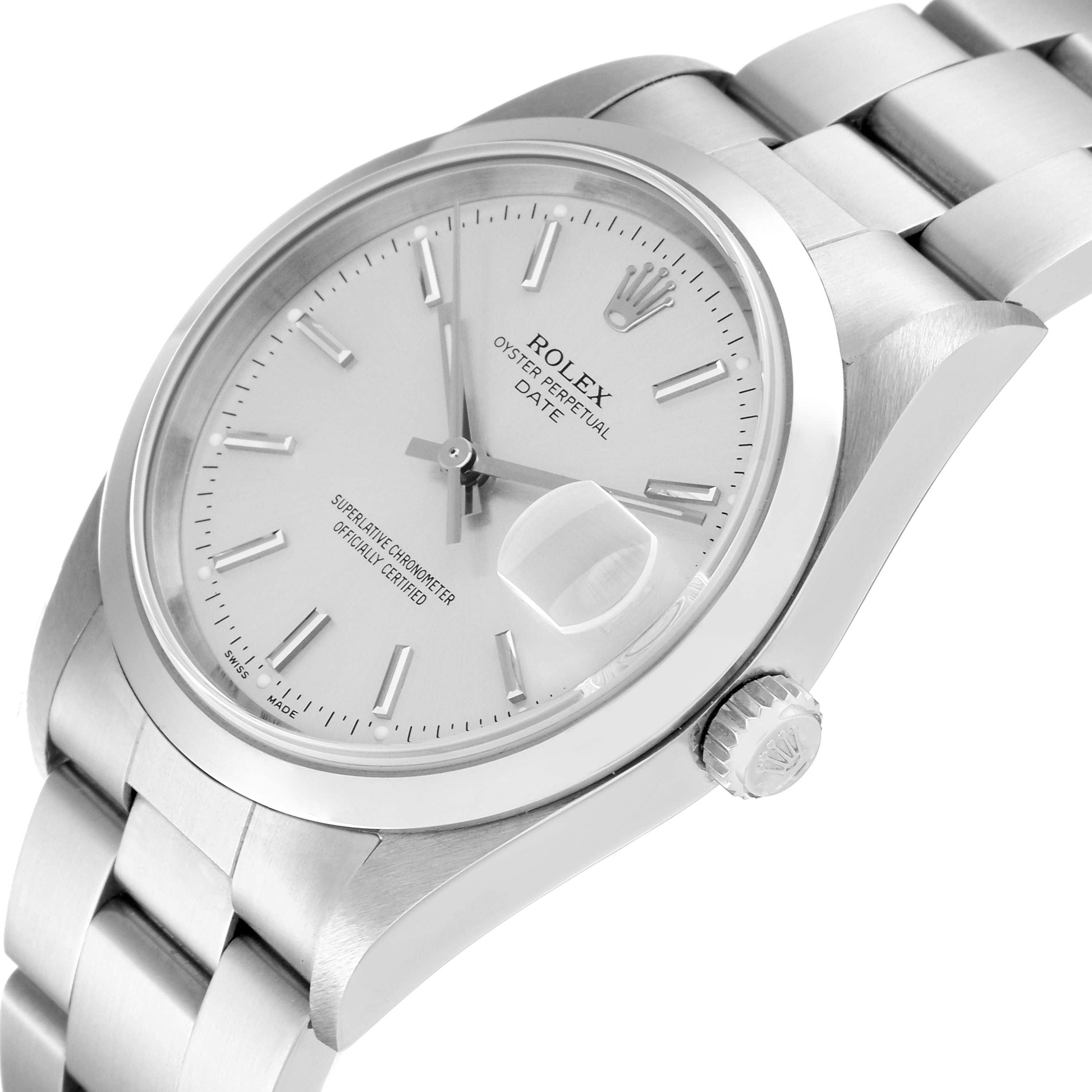 This image shows a Rolex Date 15200 Men's Stainless Steel Silver Dial 15200 Men's Stainless Steel Silver Dial model watch, highlighting its face, bracelet, crown, and cyclops lens from a tilted angle.