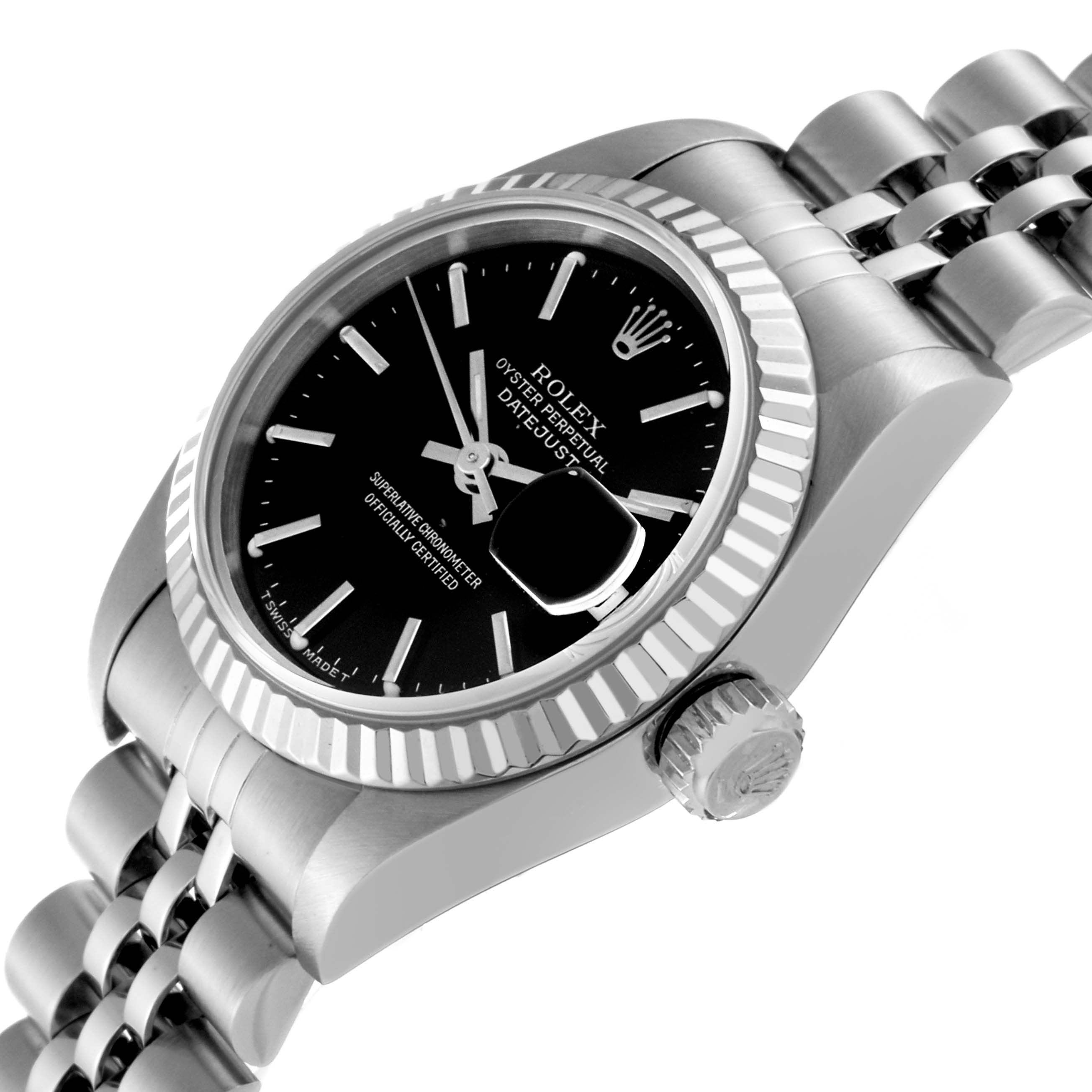 The image shows a close-up of the Rolex Datejust 69174 Women's Stainless Steel Black Dial 69174 Women's Stainless Steel Black Dial watch, highlighting the face, bezel, crown, and bracelet at an angle.