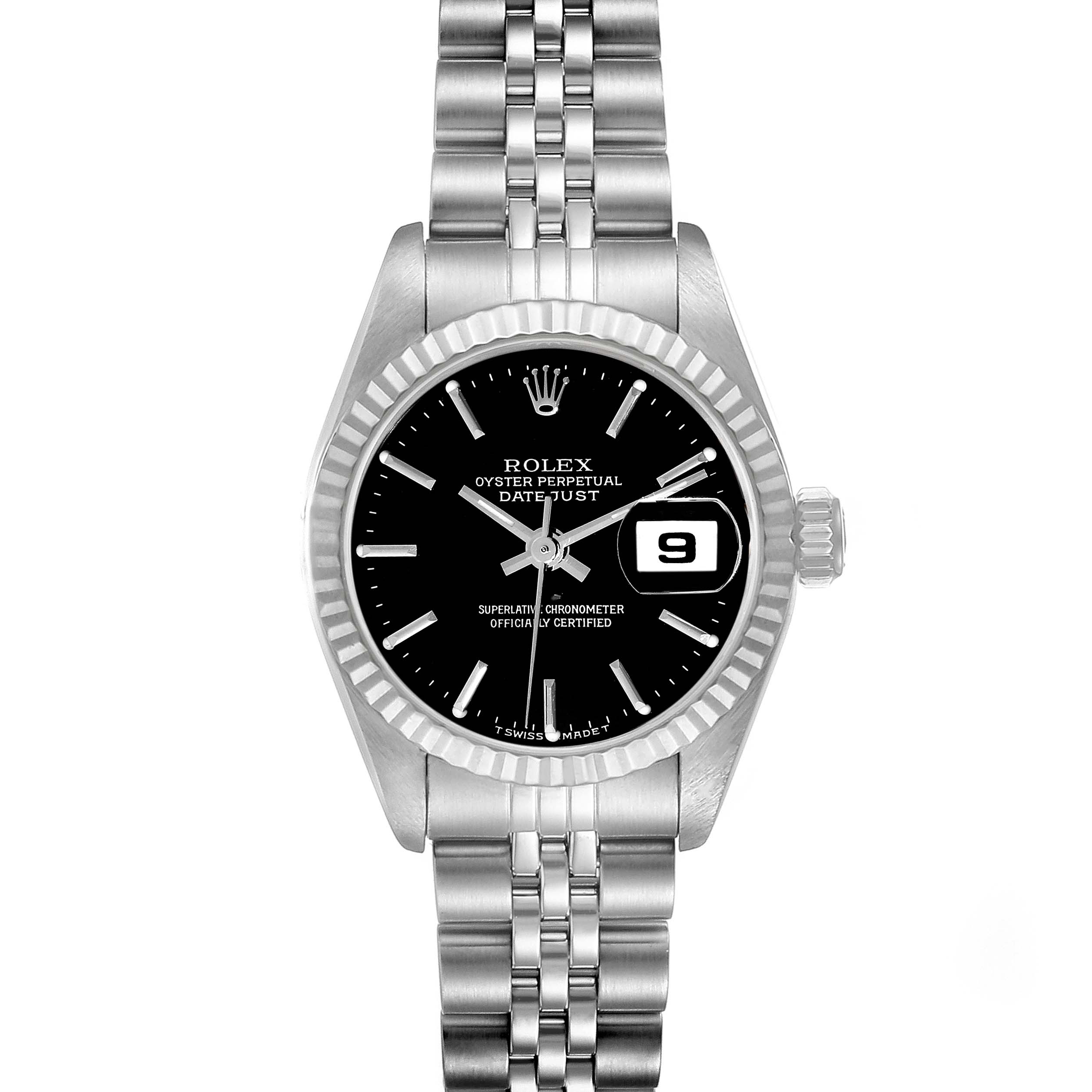 This image shows a front view of a Rolex Datejust 69174 Women's Stainless Steel Black Dial 69174 Women's Stainless Steel Black Dial watch, displaying the face, bezel, crown, and bracelet.