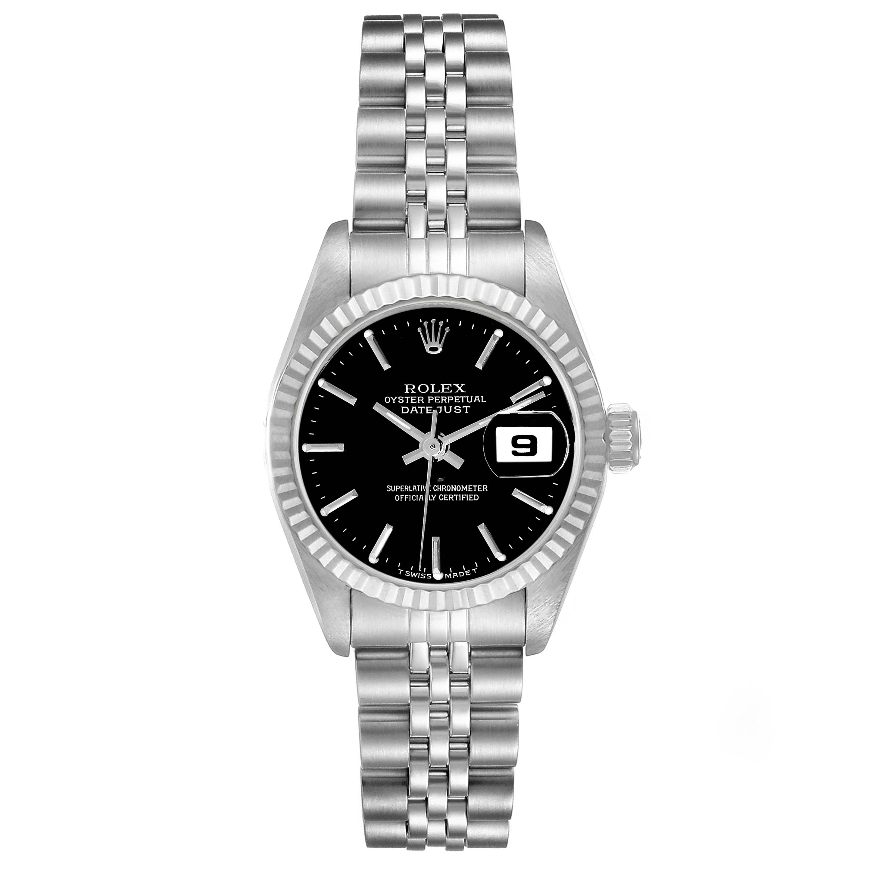 This image shows a frontal view of a Rolex Datejust 69174 Women's Stainless Steel Black Dial 69174 Women's Stainless Steel Black Dial watch, displaying its black dial, date window, and Jubilee bracelet.