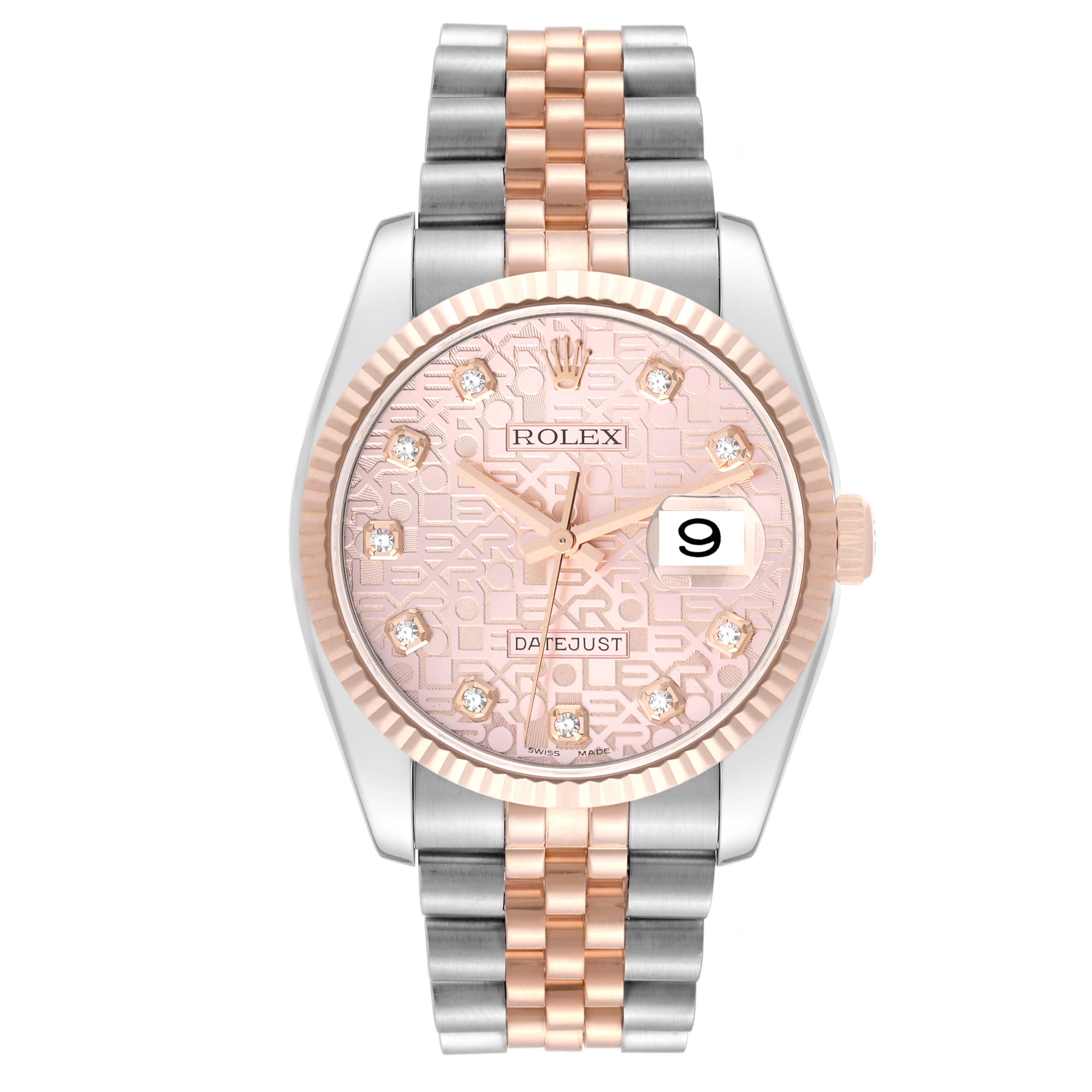 Front-view of a Rolex Datejust 116231 Men's Steel and Gold (two tone) Pink Dial 116231 Men's Steel and Gold (two tone) Pink Dial model watch, showcasing the two-tone bracelet, pink patterned dial, and date window.