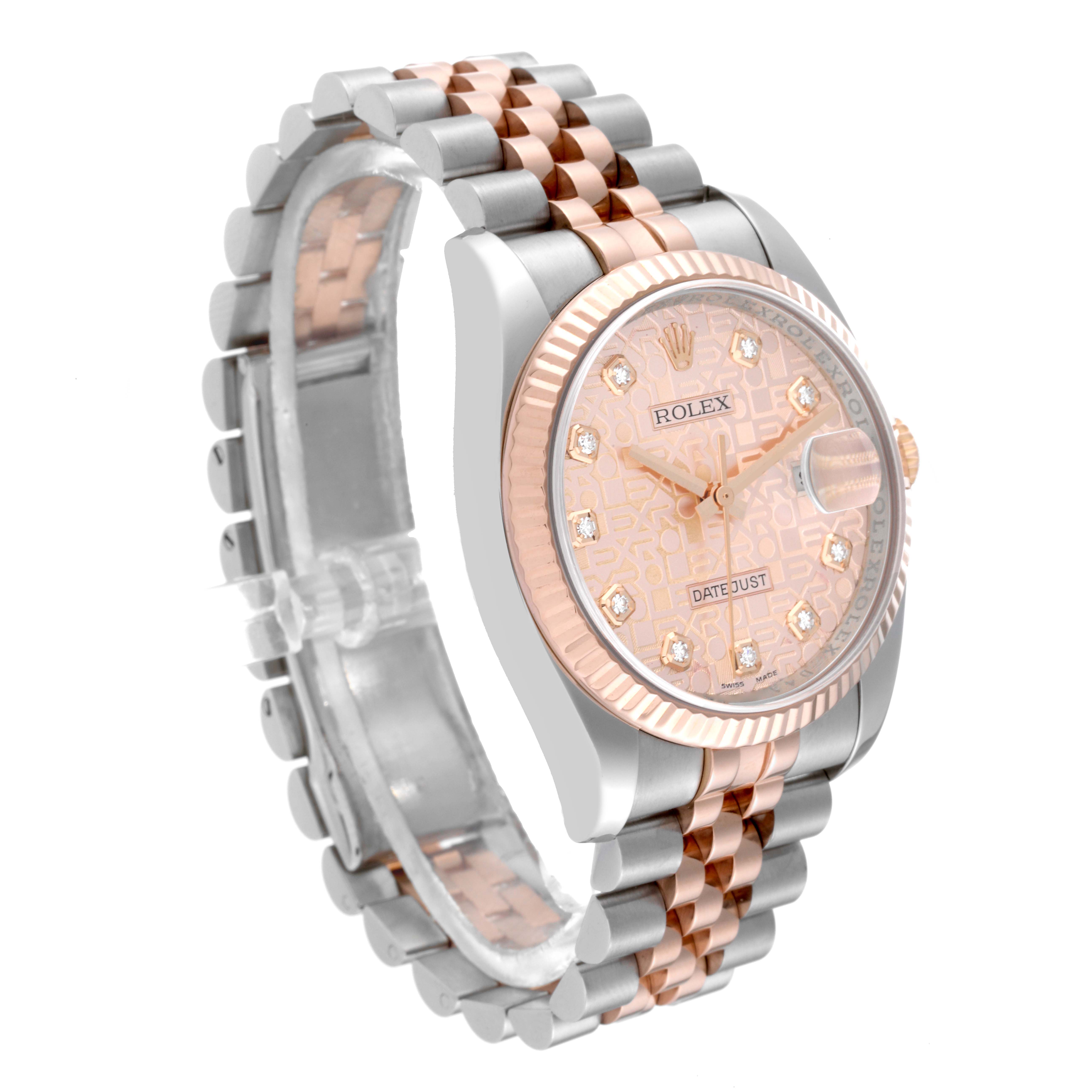The image shows a Rolex Datejust 116231 Men's Steel and Gold (two tone) Pink Dial 116231 Men's Steel and Gold (two tone) Pink Dial watch at an angled view, highlighting the dial, bezel, and jubilee bracelet.