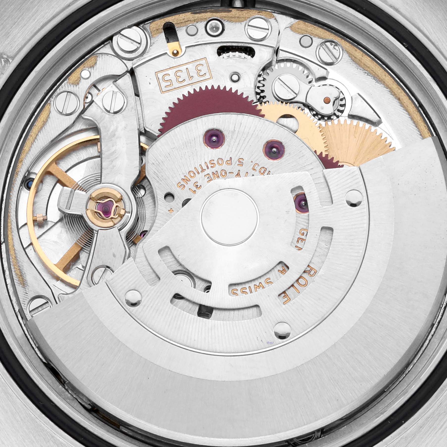 This image shows the intricate internal mechanism of a Rolex Datejust 116231 Men's Steel and Gold (two tone) Pink Dial 116231 Men's Steel and Gold (two tone) Pink Dial watch, viewed from the back.