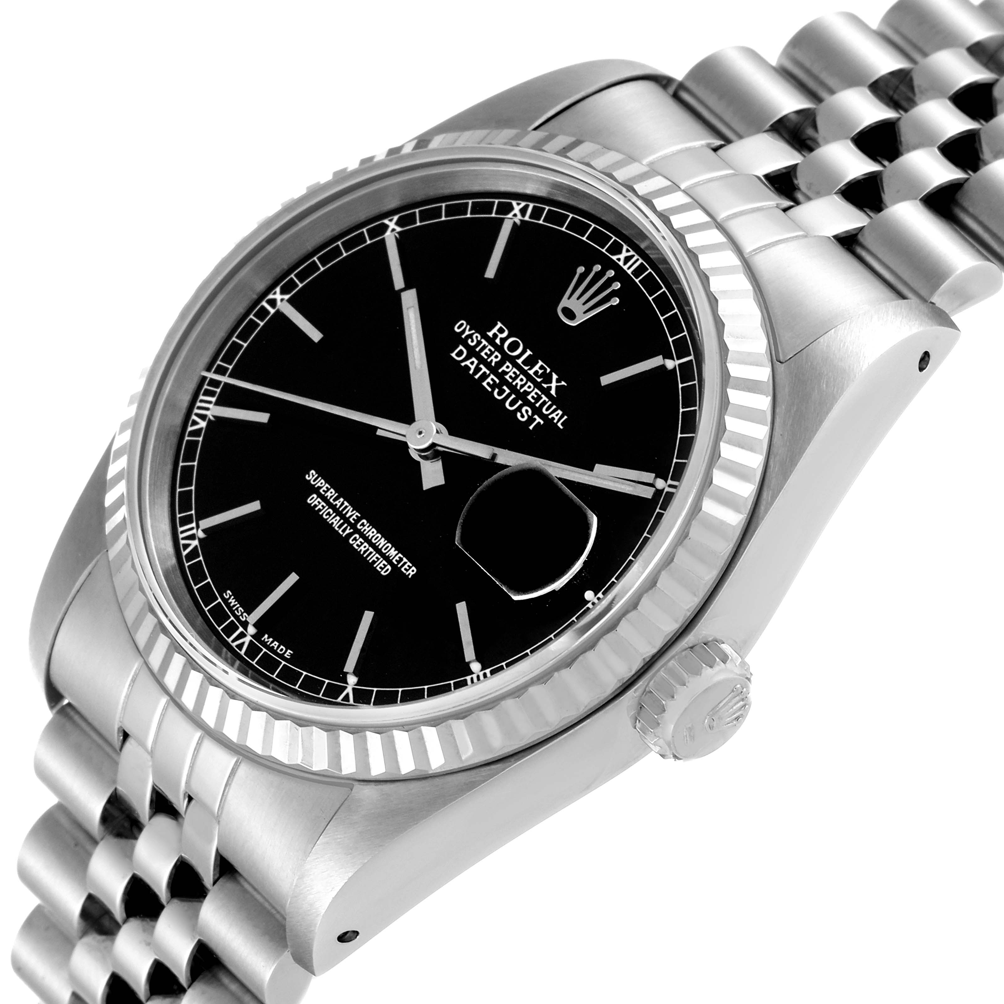 The image shows a Rolex Datejust 16234 Men's Stainless Steel Black Dial 16234 Men's Stainless Steel Black Dial watch at an angled view, highlighting the black dial, fluted bezel, crown, and jubilee bracelet.