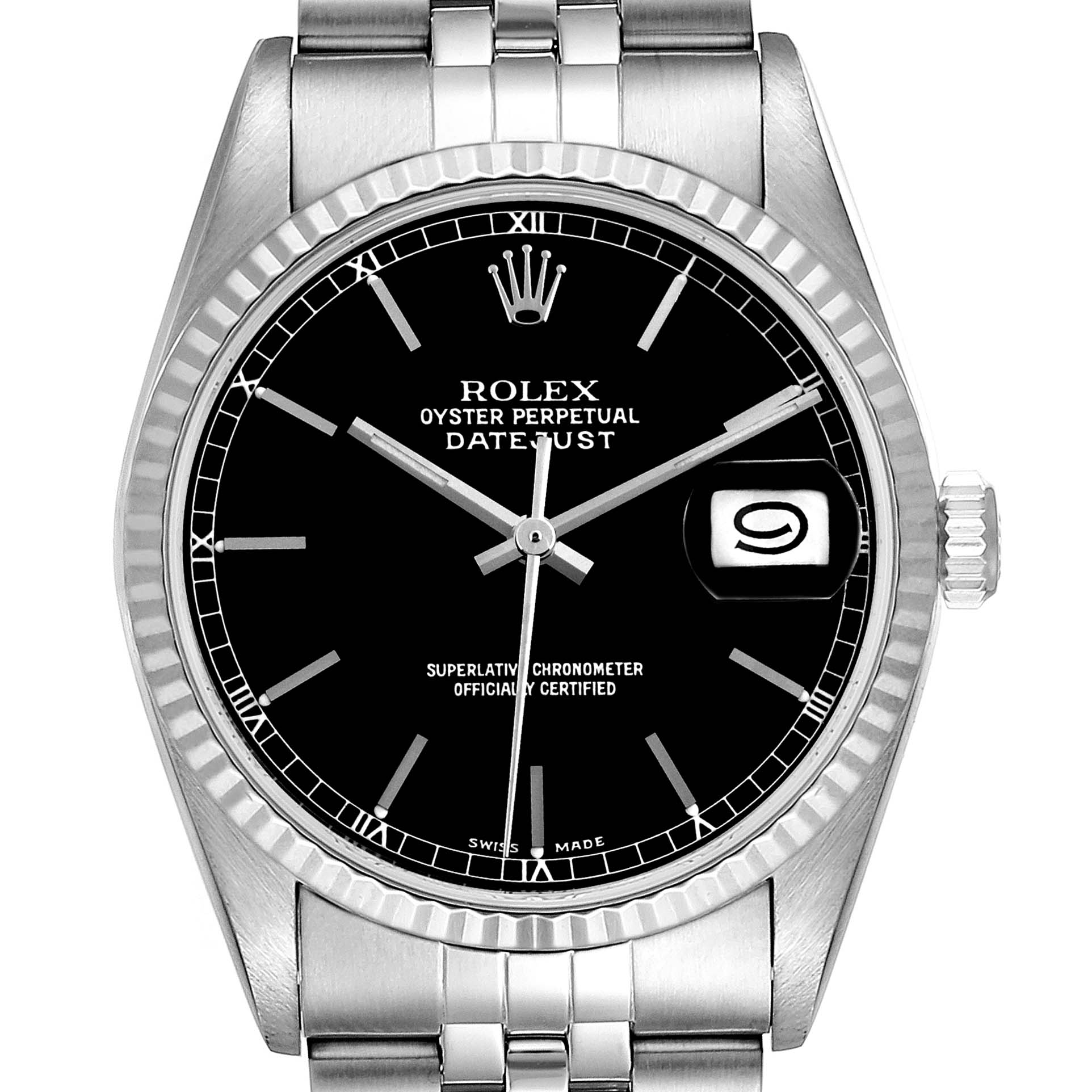 This image shows a frontal view of the Rolex Datejust 16234 Men's Stainless Steel Black Dial 16234 Men's Stainless Steel Black Dial watch, featuring its black dial, hour markers, fluted bezel, and bracelet.