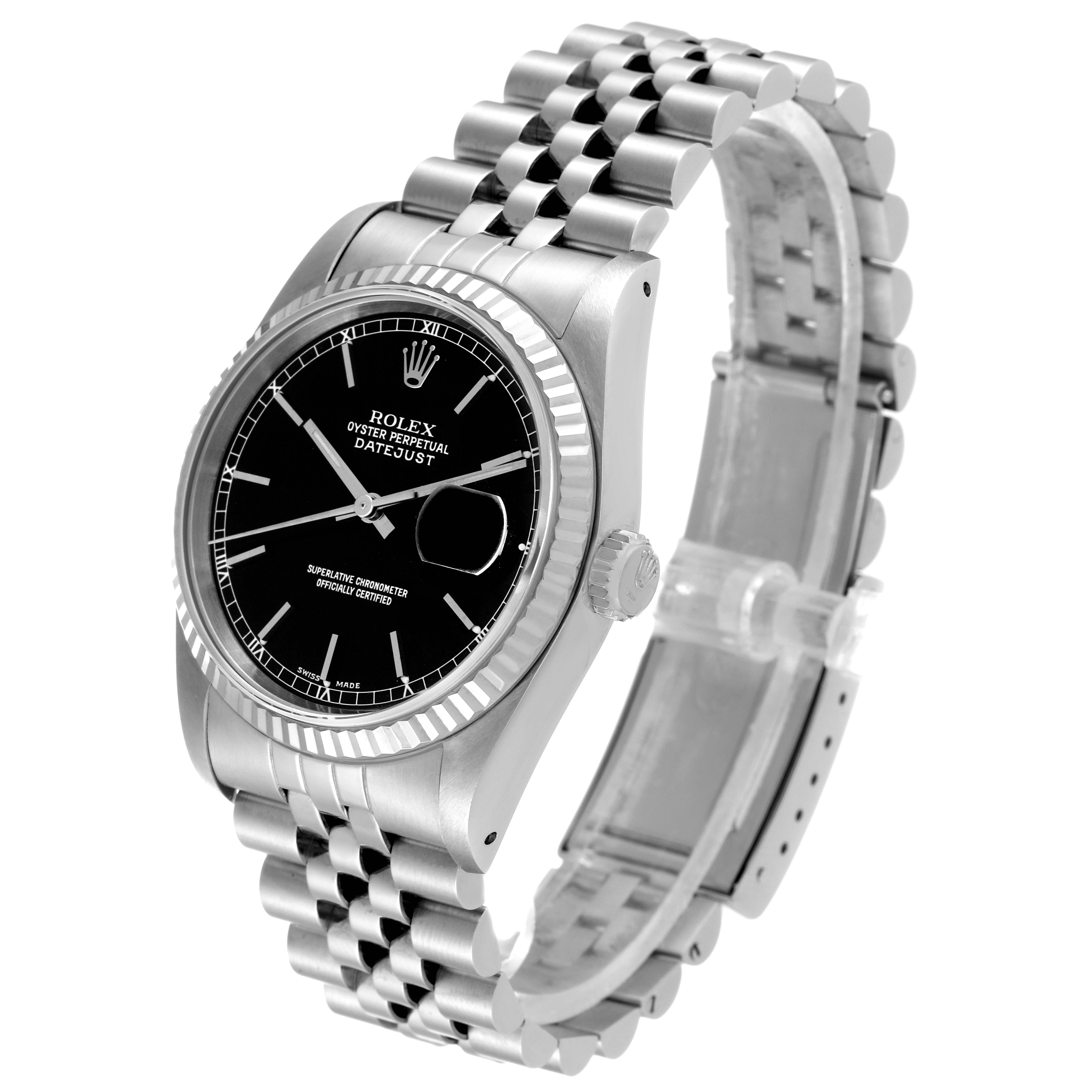 The Rolex Datejust 16234 Men's Stainless Steel Black Dial 16234 Men's Stainless Steel Black Dial watch is shown at a slight angle, displaying the face, bezel, and bracelet.