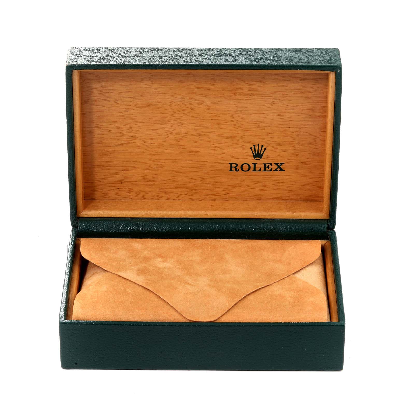 This image shows an open Rolex Datejust 16234 Men's Stainless Steel Black Dial 16234 Men's Stainless Steel Black Dial watch box with a tan suede pouch inside.