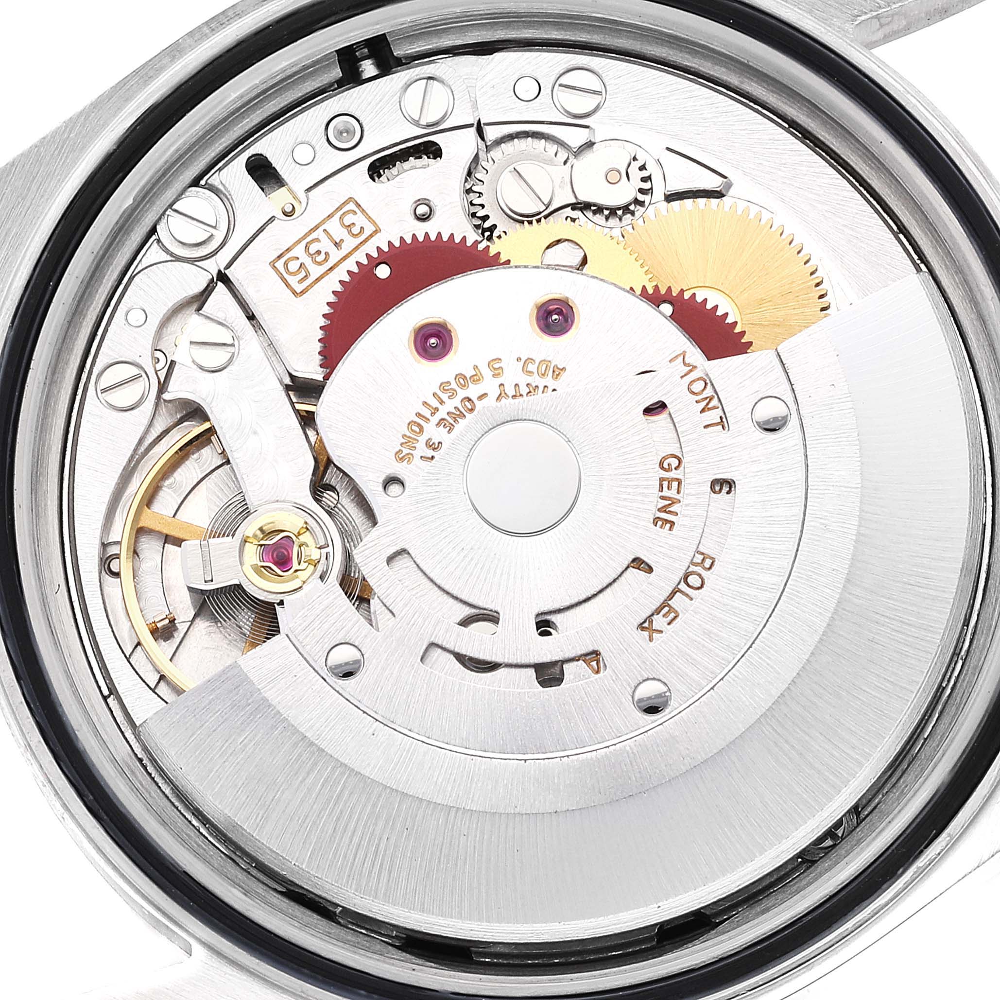 This image shows the internal mechanical movement of a Rolex Datejust 16234 Men's Stainless Steel Black Dial 16234 Men's Stainless Steel Black Dial watch taken from a close-up angle.