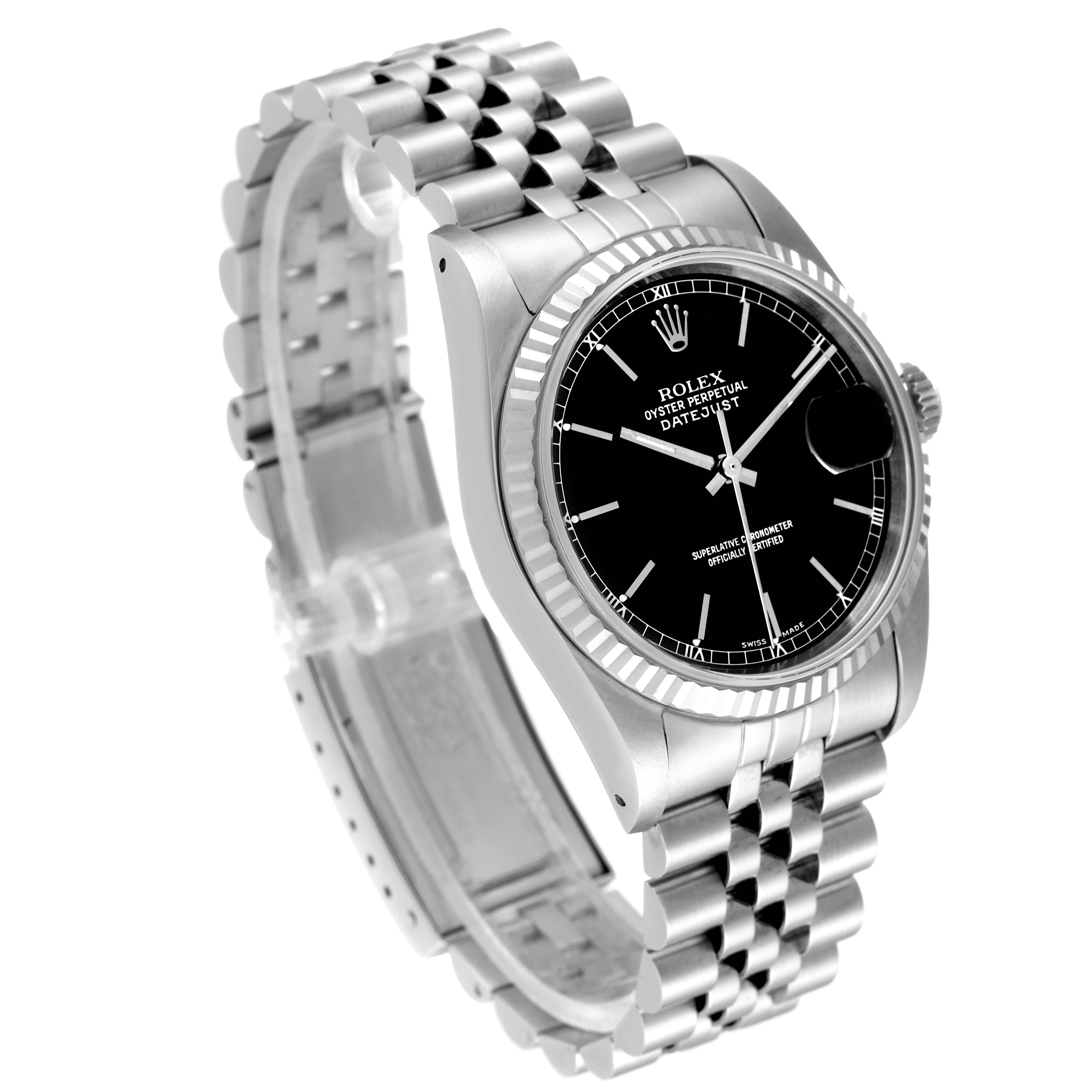 This image shows a Rolex Datejust 16234 Men's Stainless Steel Black Dial 16234 Men's Stainless Steel Black Dial watch from an angled side view, displaying its face, case, and bracelet.