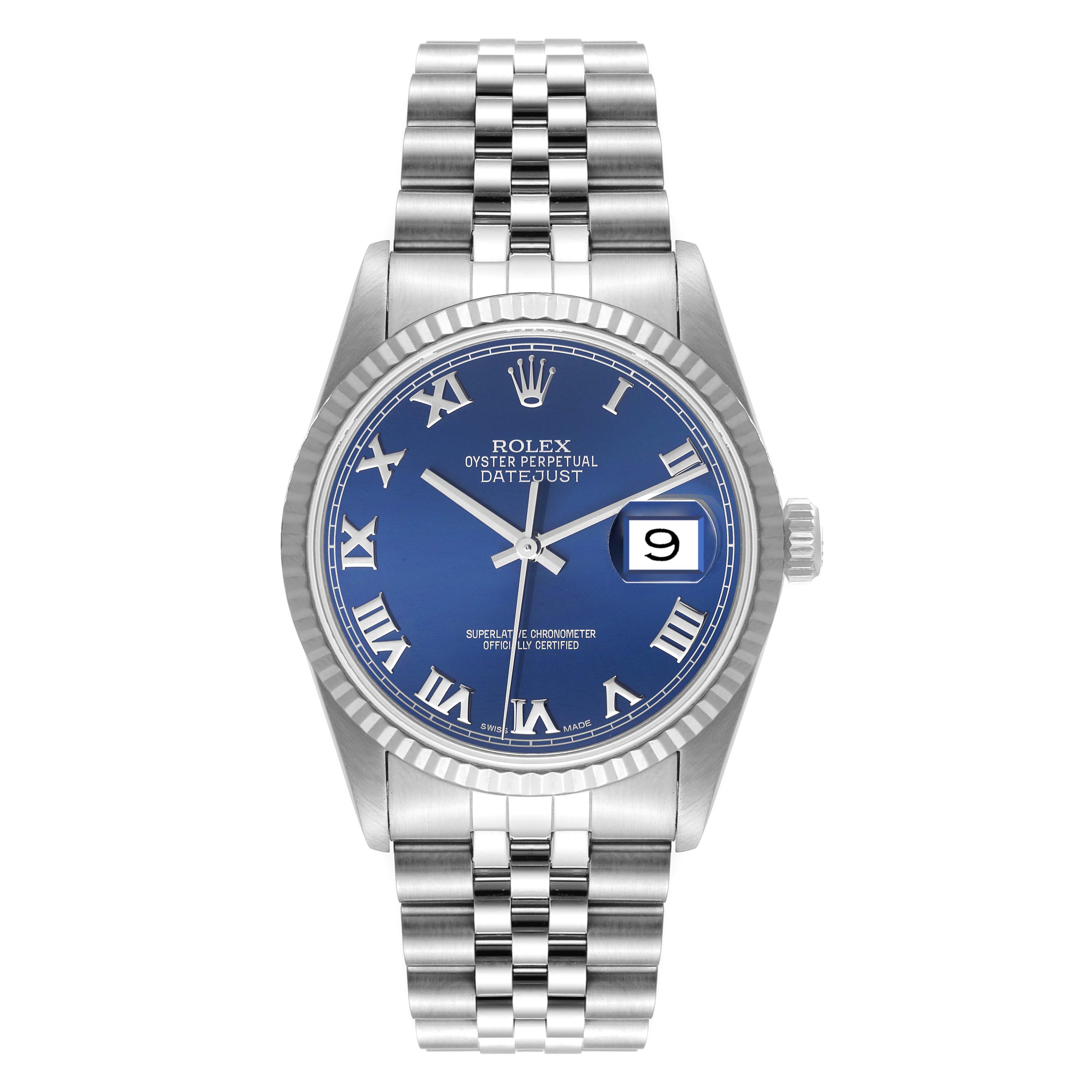 The image shows a front view of a Rolex Datejust 16234 Men's Stainless Steel Blue Dial 16234 Men's Stainless Steel Blue Dial watch, featuring a blue dial, Roman numerals, and stainless steel jubilee bracelet.