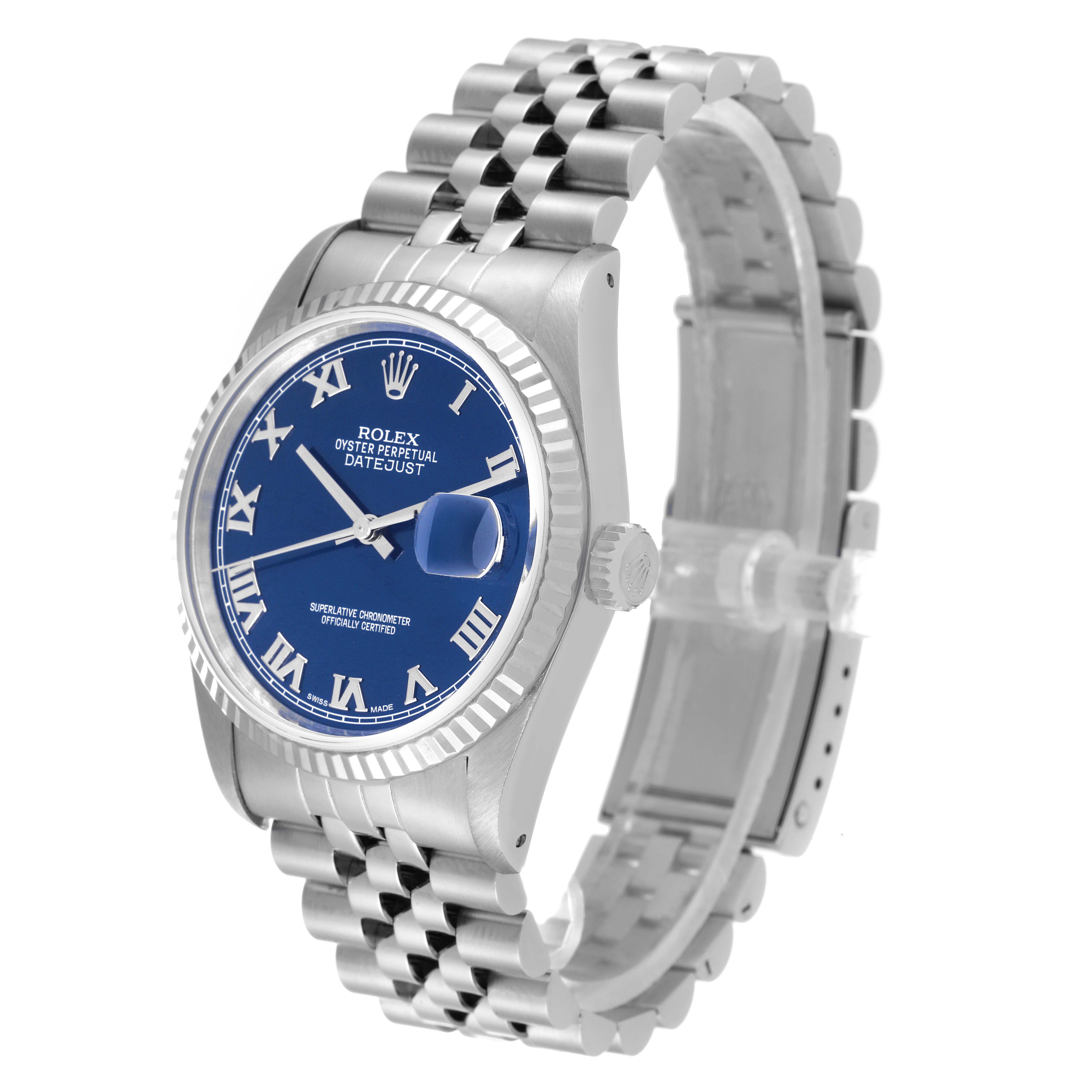 This image shows a Rolex Datejust 16234 Men's Stainless Steel Blue Dial 16234 Men's Stainless Steel Blue Dial watch at a three-quarter angle, highlighting the blue dial, fluted bezel, and jubilee bracelet.