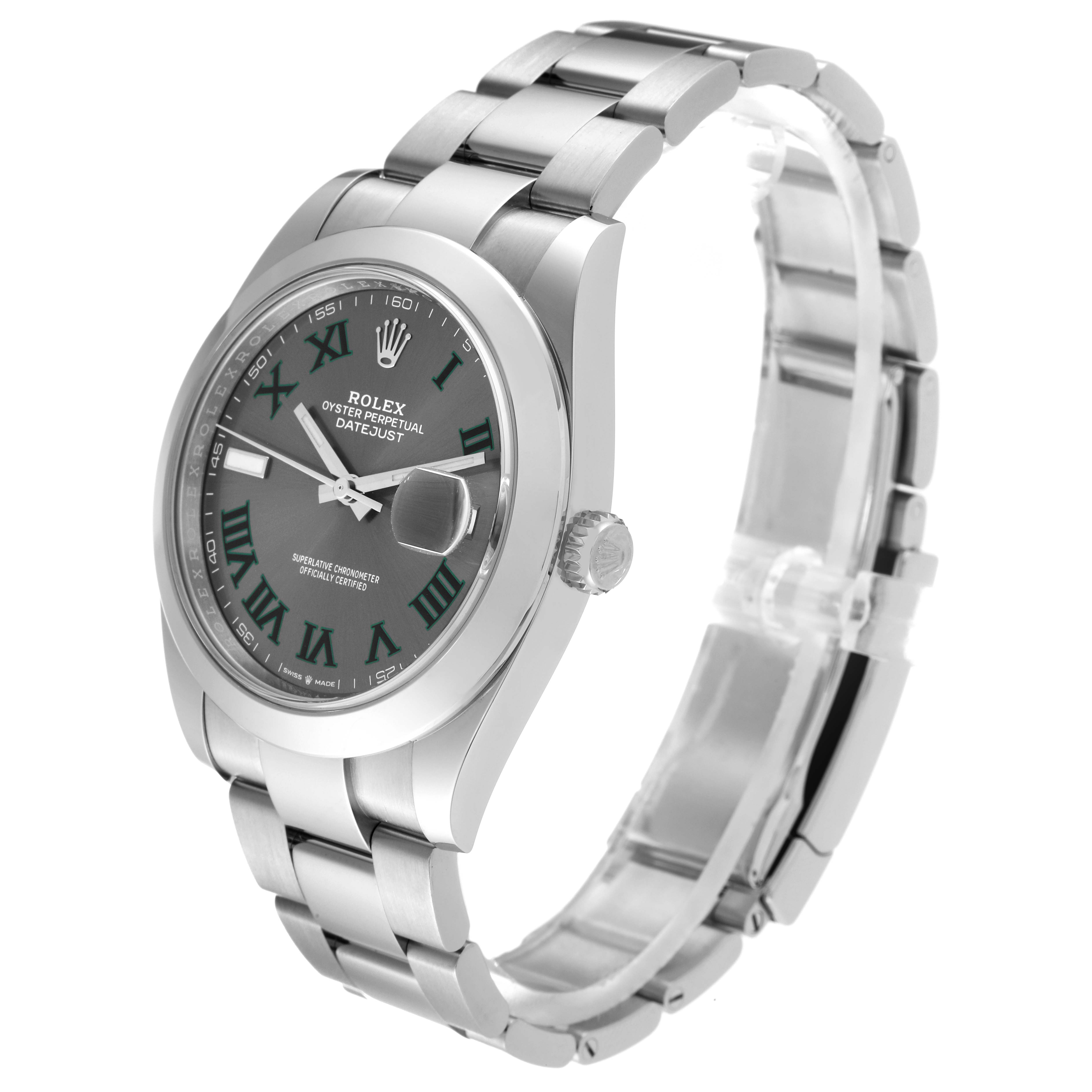 A Rolex Datejust 41 126300 Men
s Stainless Steel Grey Dial 126300 Men
s Stainless Steel Grey Dial watch is shown at a 3/4 angle highlighting the dial, bracelet, and crown.