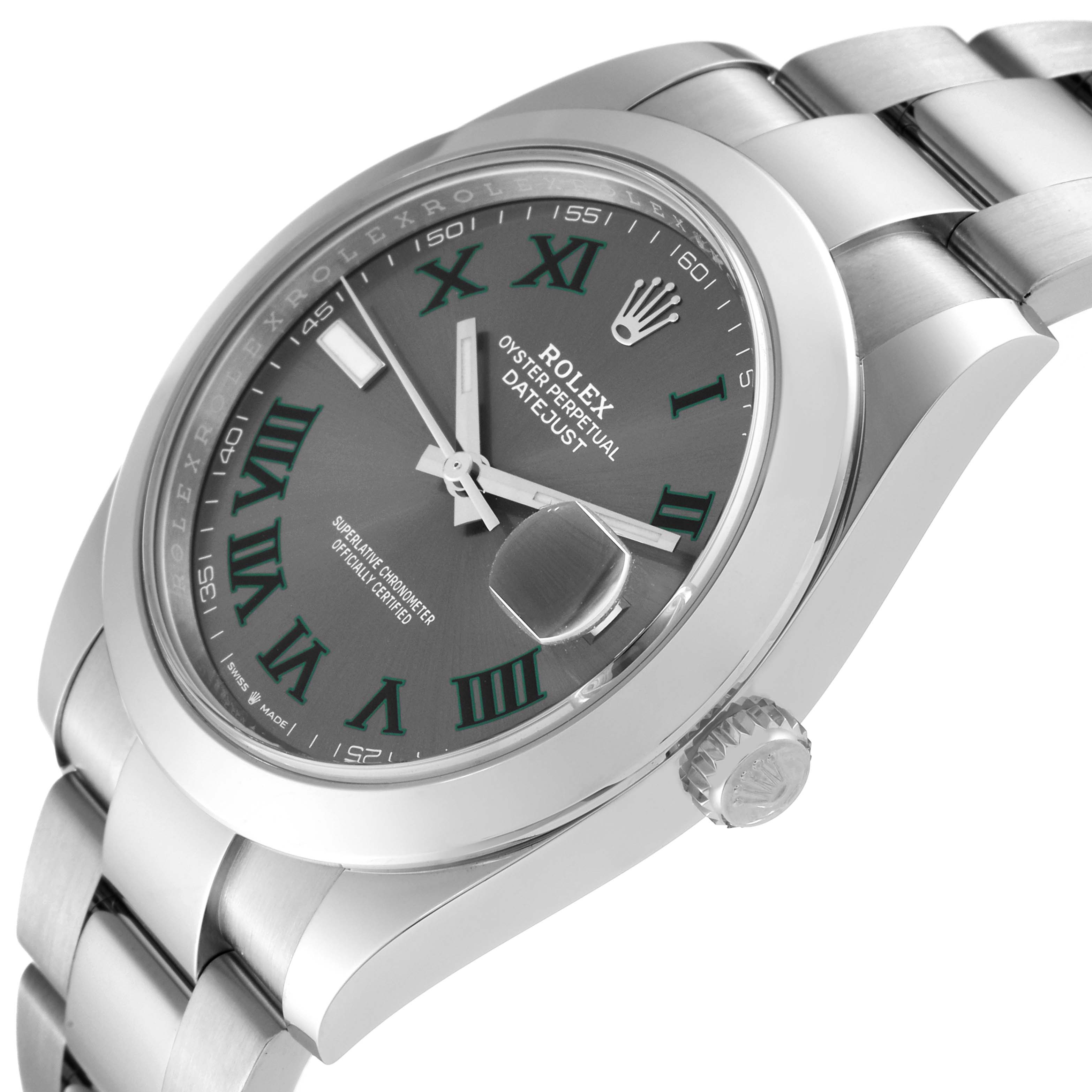 The Rolex Datejust 41 126300 Men
s Stainless Steel Grey Dial 126300 Men
s Stainless Steel Grey Dial watch is shown from a slightly oblique top angle, displaying its bracelet, crown, case, and dial.