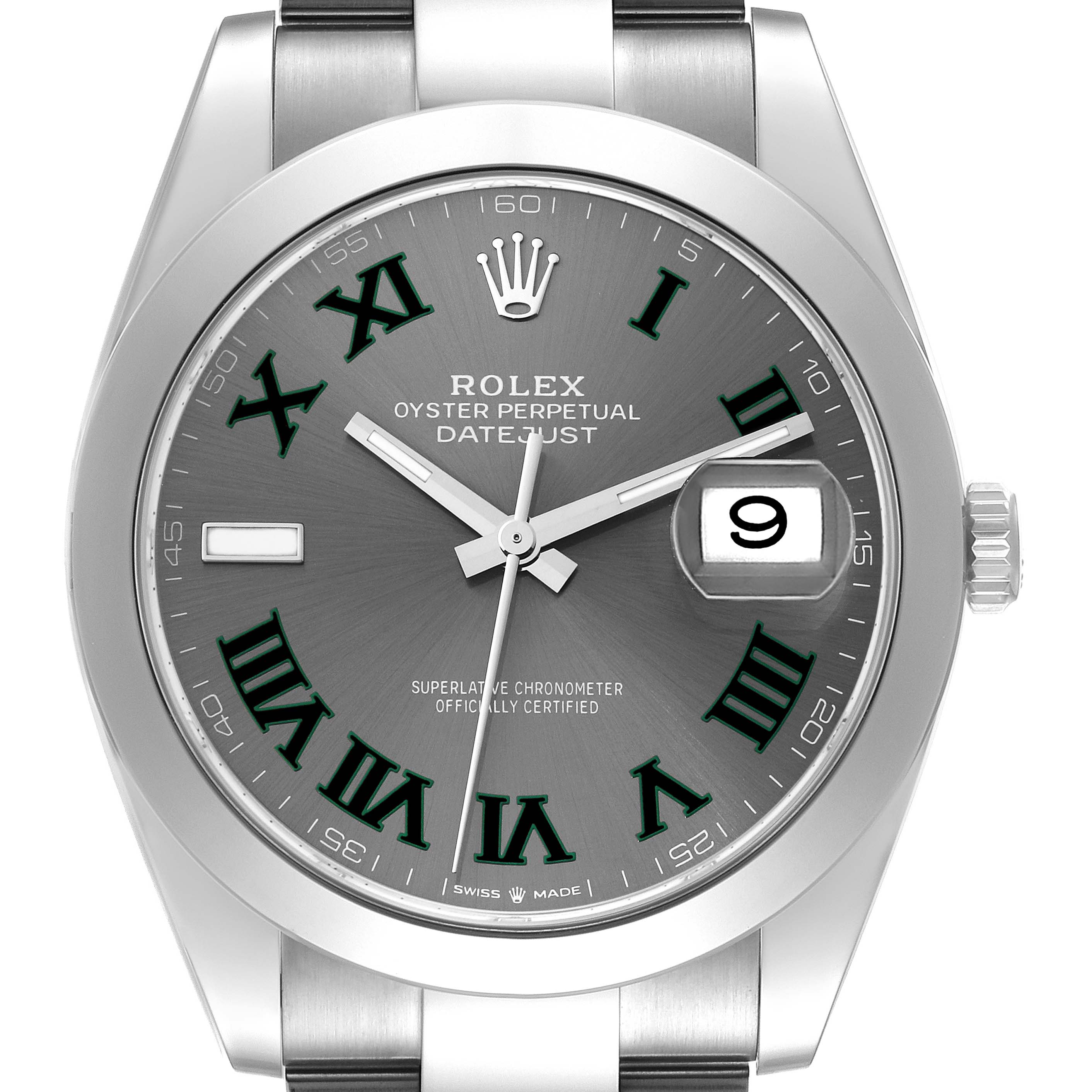 This image shows a Rolex Datejust 41 126300 Men
s Stainless Steel Grey Dial 126300 Men
s Stainless Steel Grey Dial watch face, bezel, and part of the bracelet, viewed from the front.