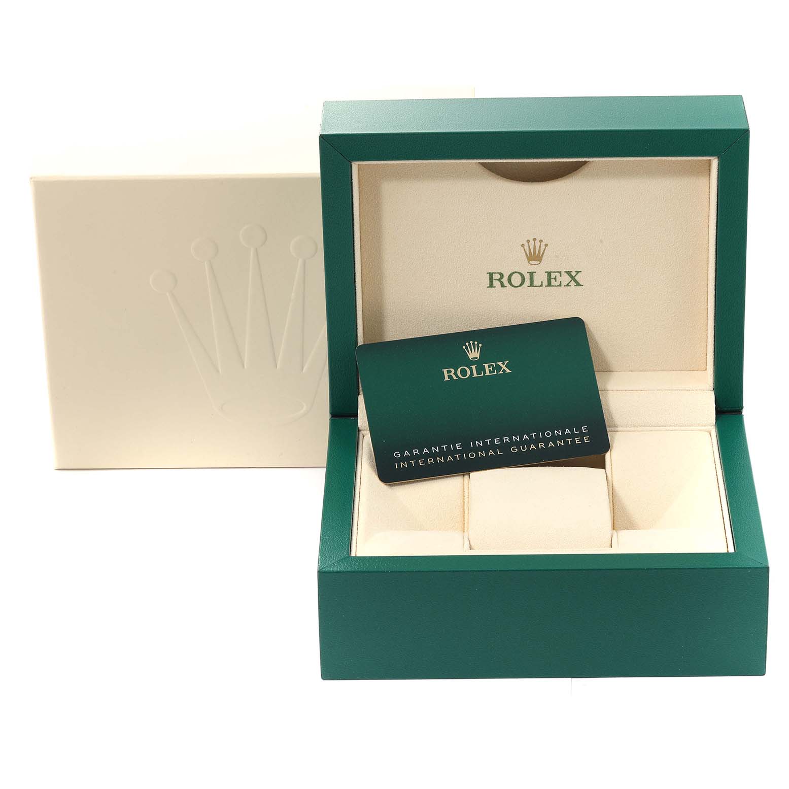 This image shows the green Rolex Datejust 41 126300 Men
s Stainless Steel Grey Dial 126300 Men
s Stainless Steel Grey Dial watch box, an international guarantee card, and its outer white case.