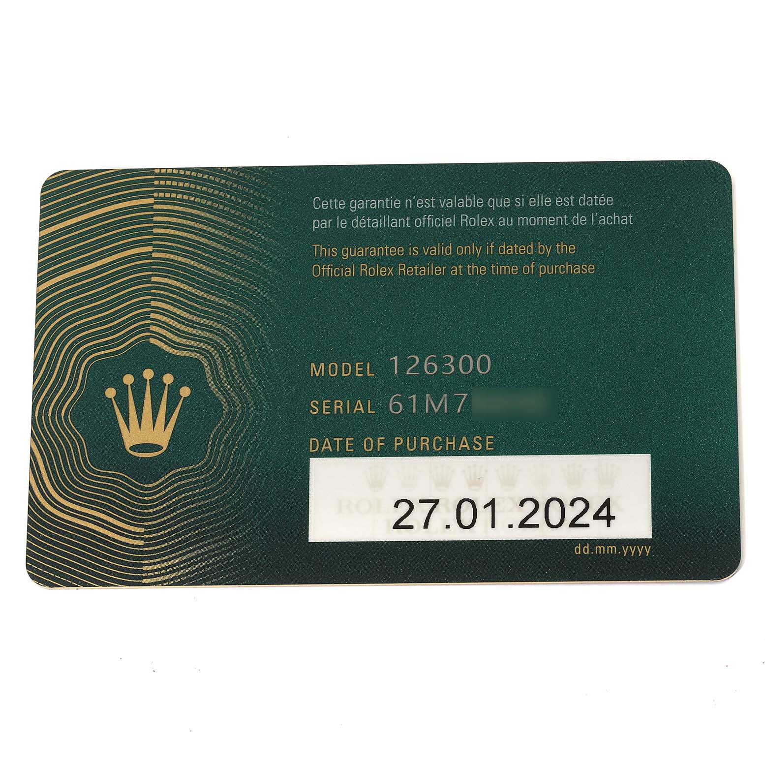 This image shows the Rolex Datejust 41 126300 Men
s Stainless Steel Grey Dial 126300 Men
s Stainless Steel Grey Dial model 126300 guarantee card with purchase date and serial number information.