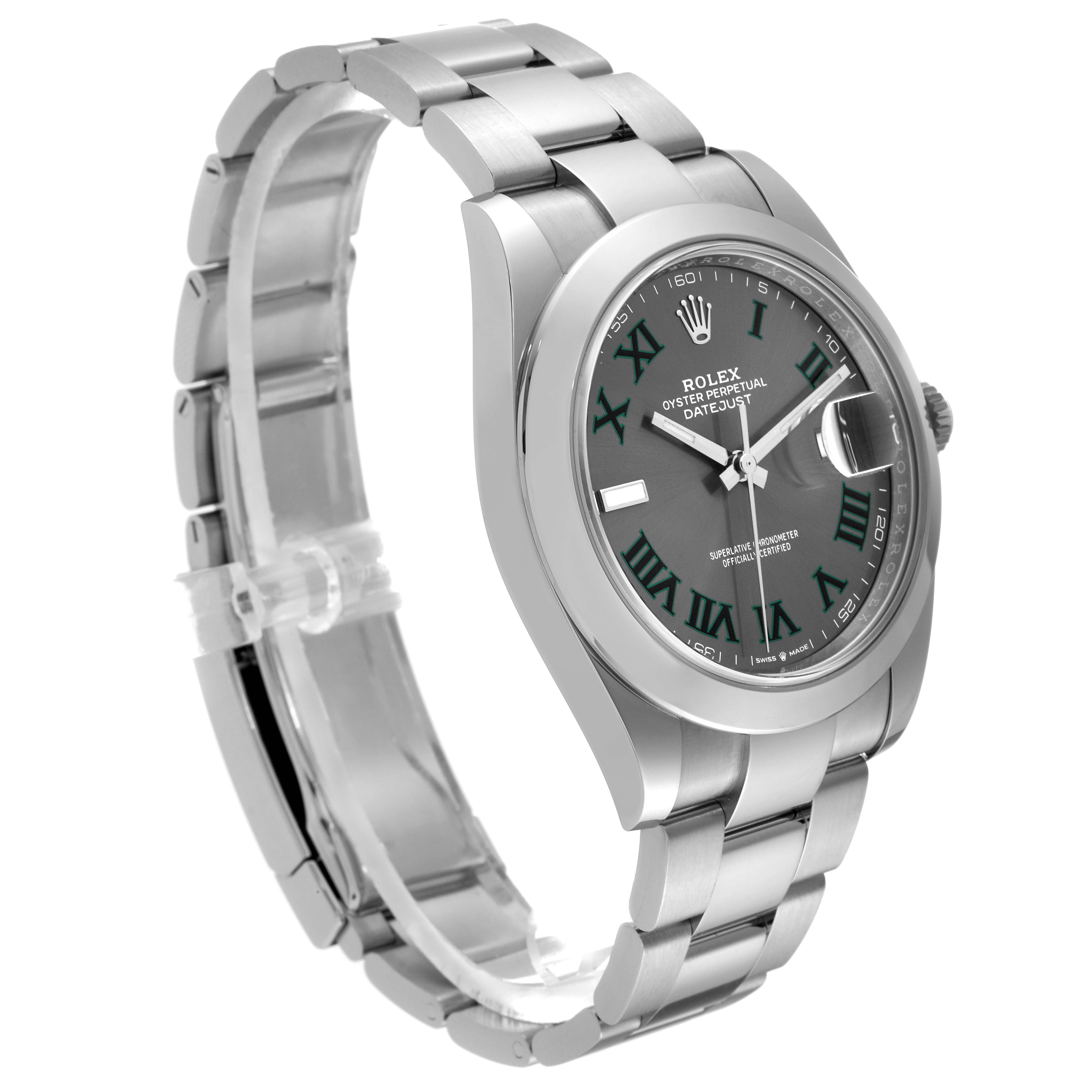 The image shows a side-angle view of the Rolex Datejust 41 126300 Men
s Stainless Steel Grey Dial 126300 Men
s Stainless Steel Grey Dial, highlighting its bracelet, case, dial, and crown.