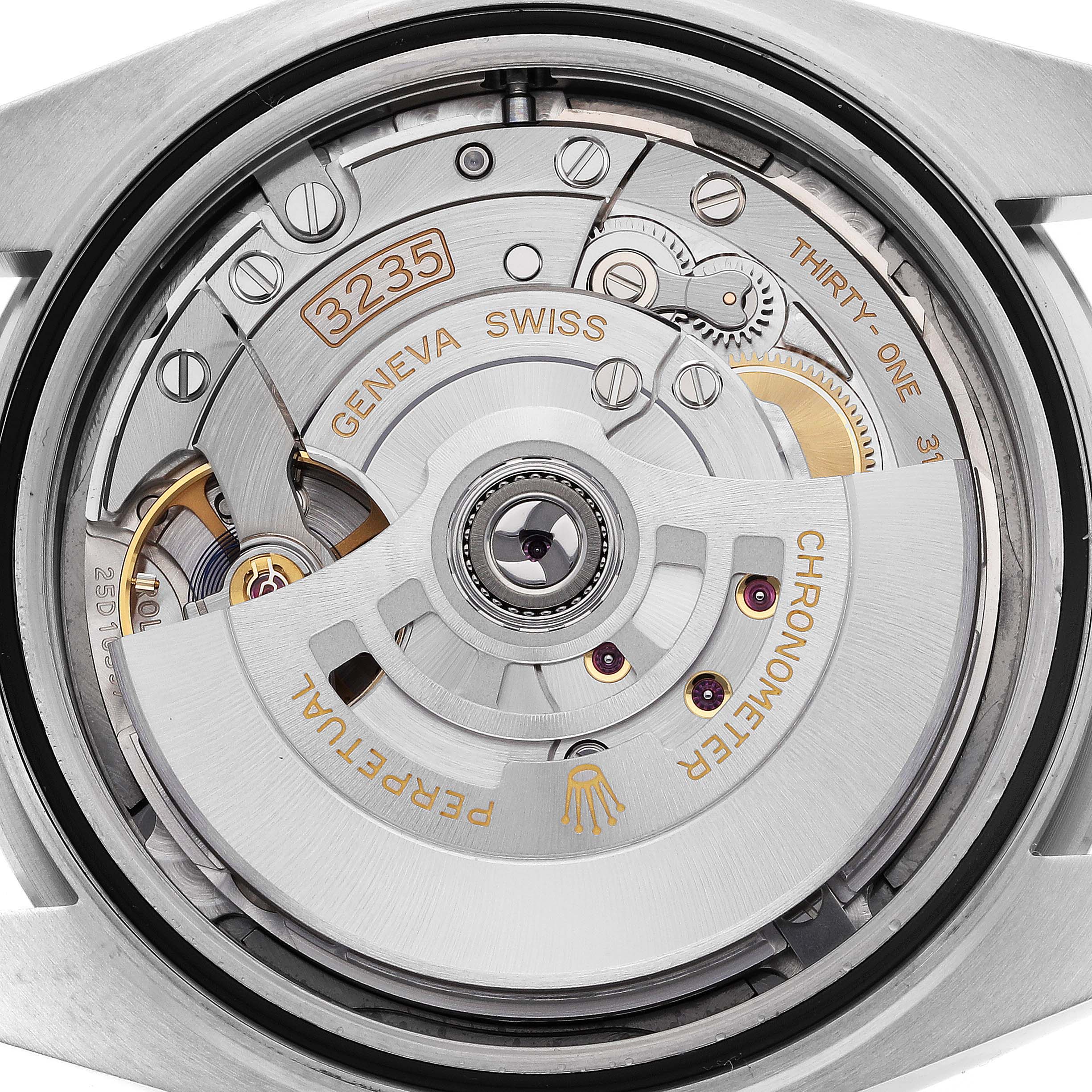 This image shows the intricate internal mechanism of the Rolex Datejust 41 126300 Men
s Stainless Steel Grey Dial 126300 Men
s Stainless Steel Grey Dial model, viewed from the case back angle.