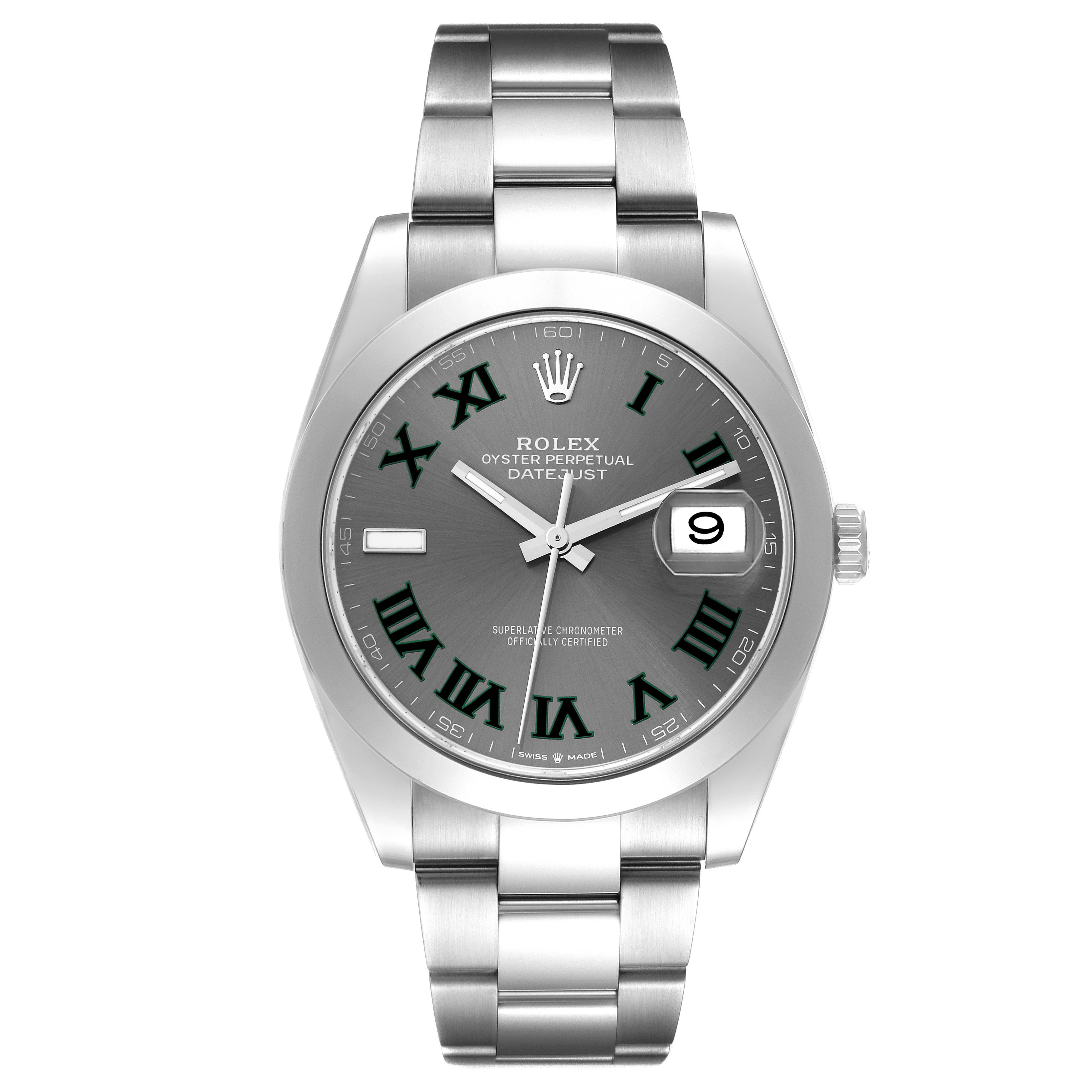 The image shows a front view of the Rolex Datejust 41 126300 Men
s Stainless Steel Grey Dial 126300 Men
s Stainless Steel Grey Dial watch with its dial, bracelet, and date window visible.