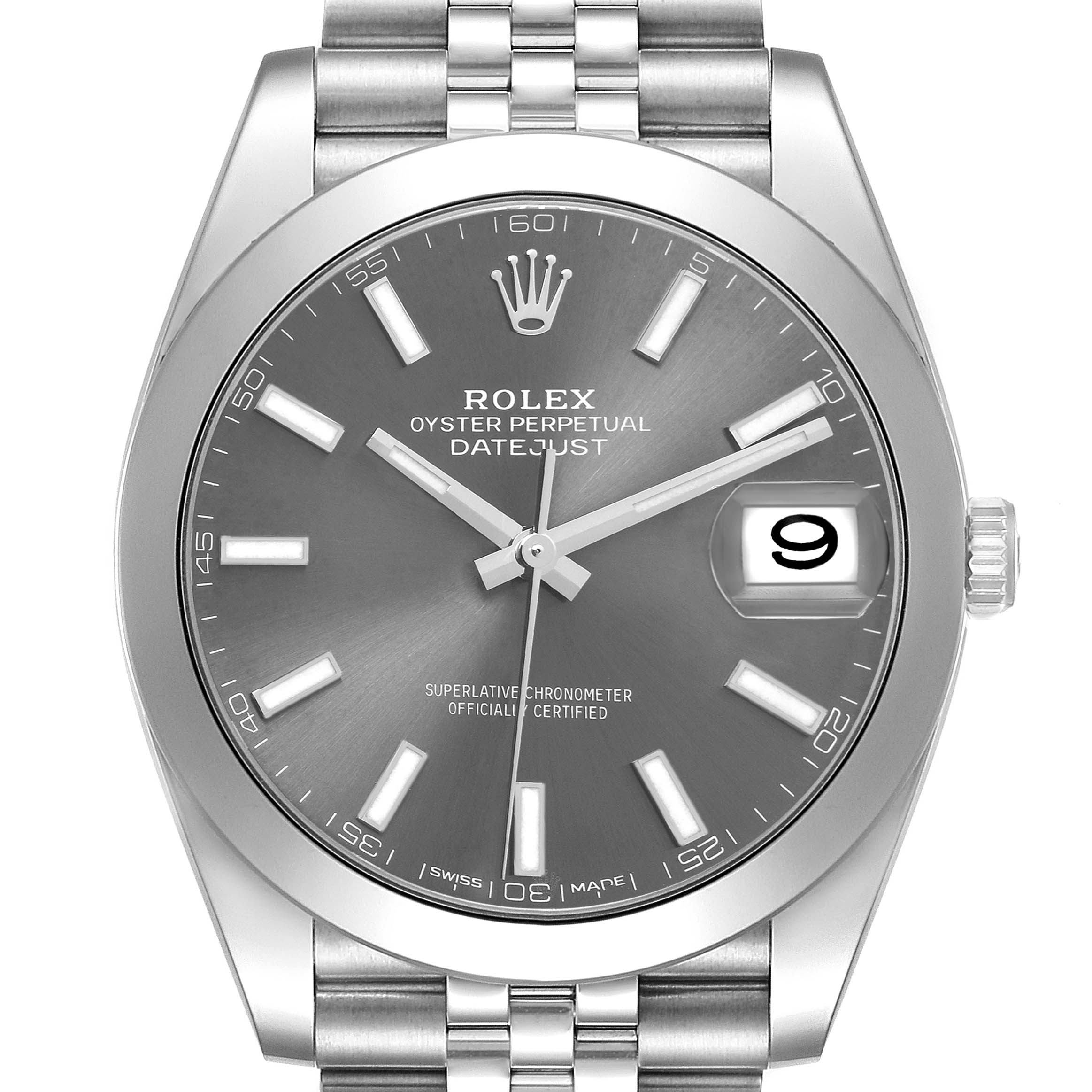 The Rolex Datejust 41 model 126300 is shown from a front angle, displaying the dial, hour markers, hands, date window, and partial stainless steel bracelet.