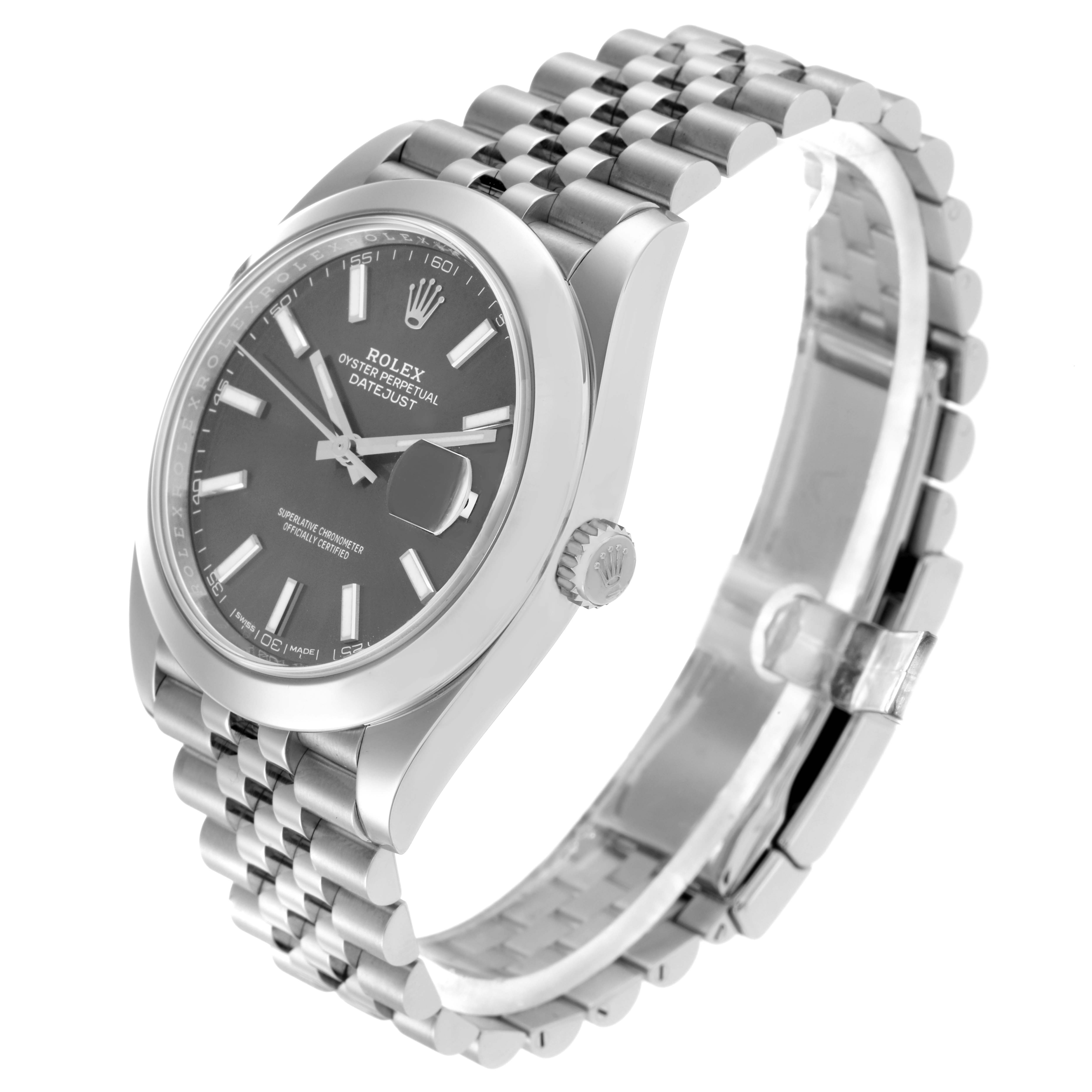 The image shows a Rolex Datejust 41 (model 126300) from an angled side view, highlighting the dial, crown, and Jubilee bracelet.