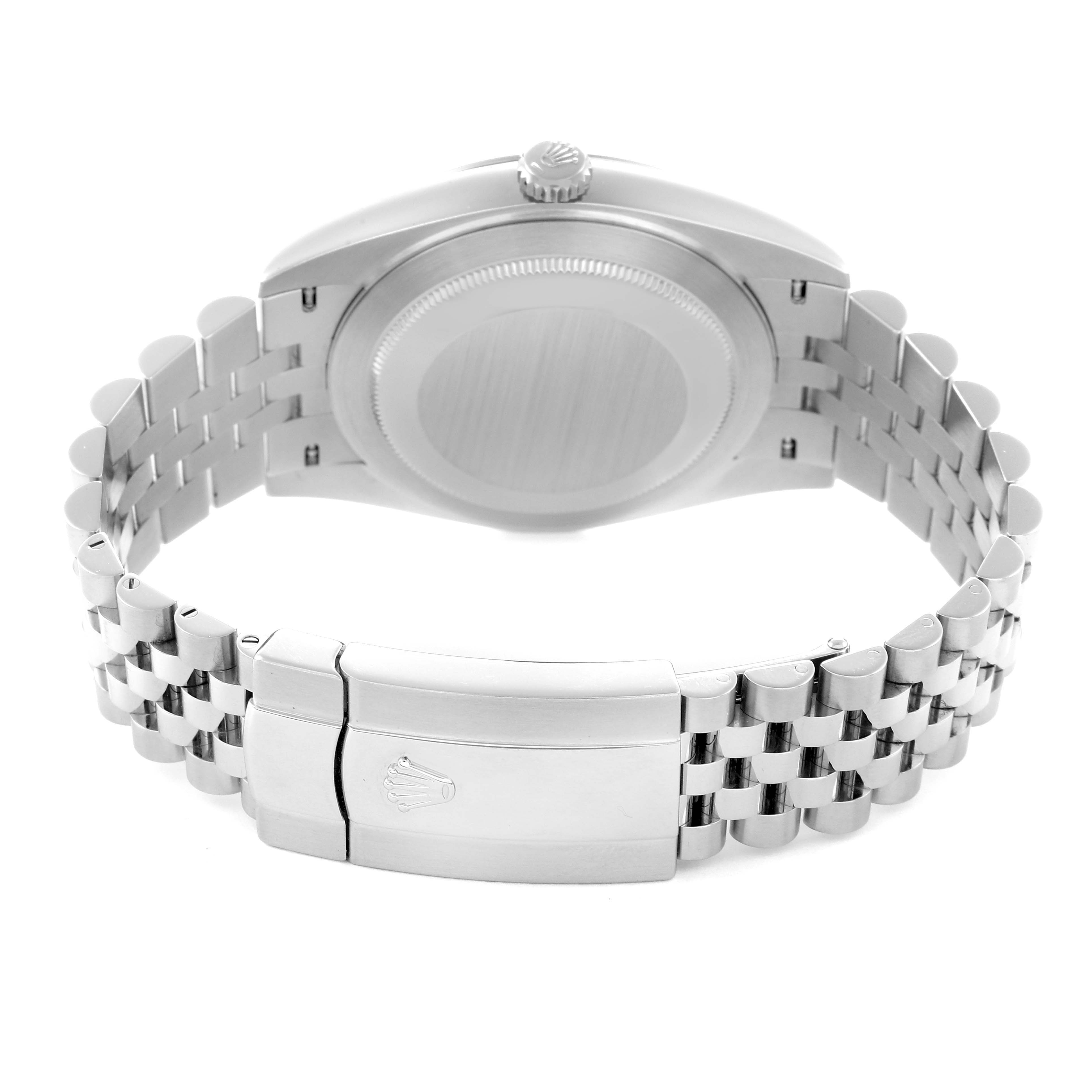 The image shows the back view of a Rolex Datejust 41, model number 126300, focusing on the case back and the stainless steel bracelet with clasp.