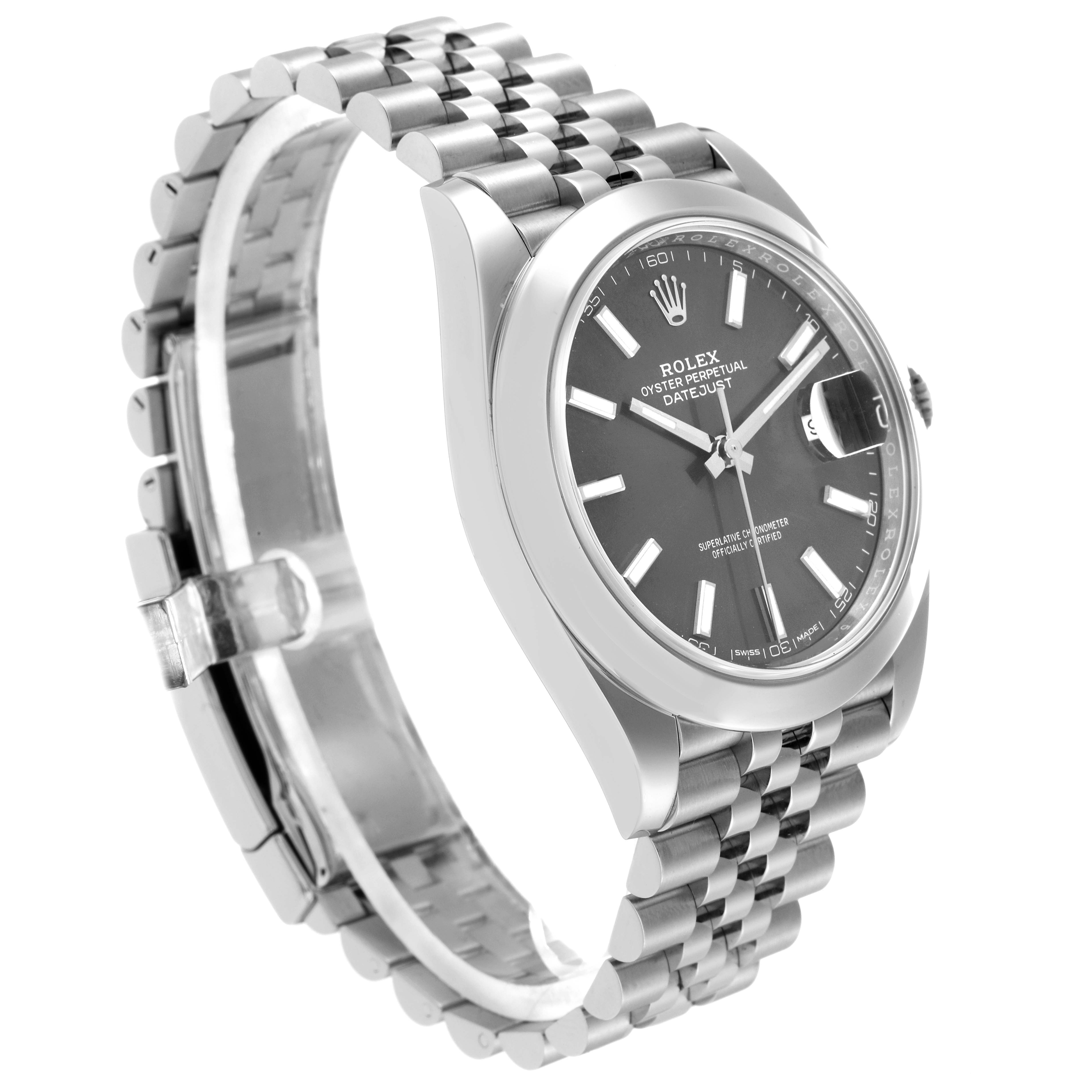 The Rolex Datejust 41 model 126300 is shown at a slight angle displaying the watch face, case, and Jubilee bracelet.