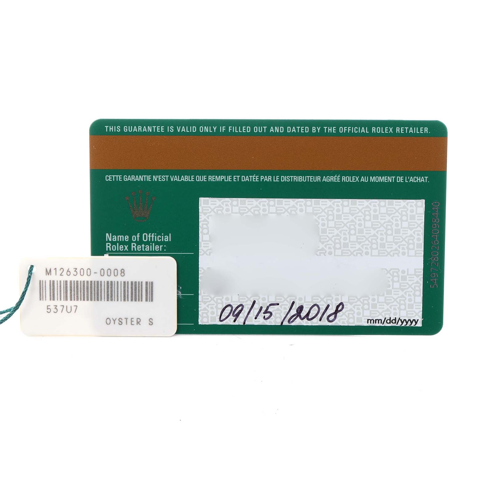 The image shows a warranty card and tag for a Rolex Datejust 41, model number 126300.