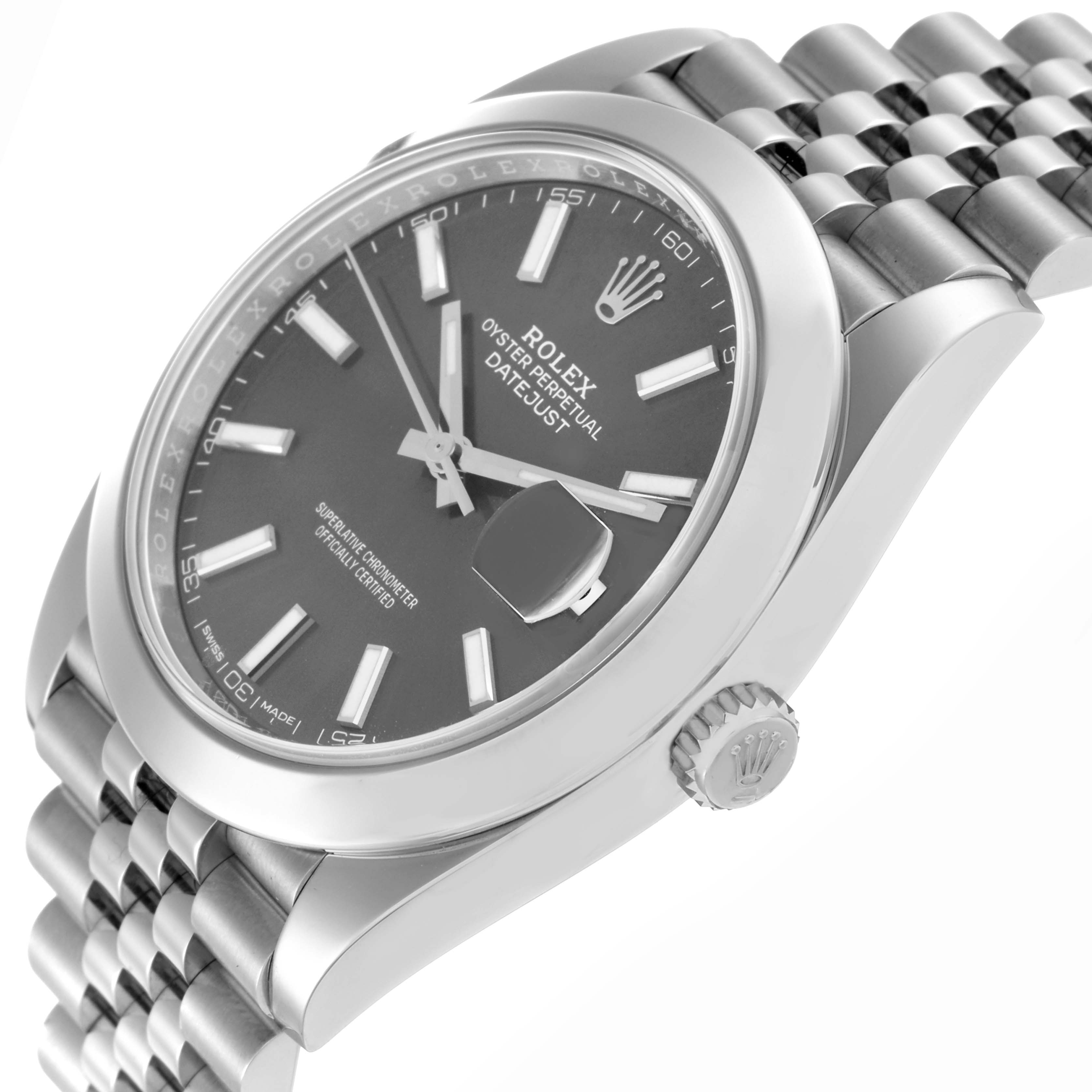 The image shows a Rolex Datejust 41 (model number 126300) at a side angle, highlighting the case, bezel, crown, and part of the bracelet.