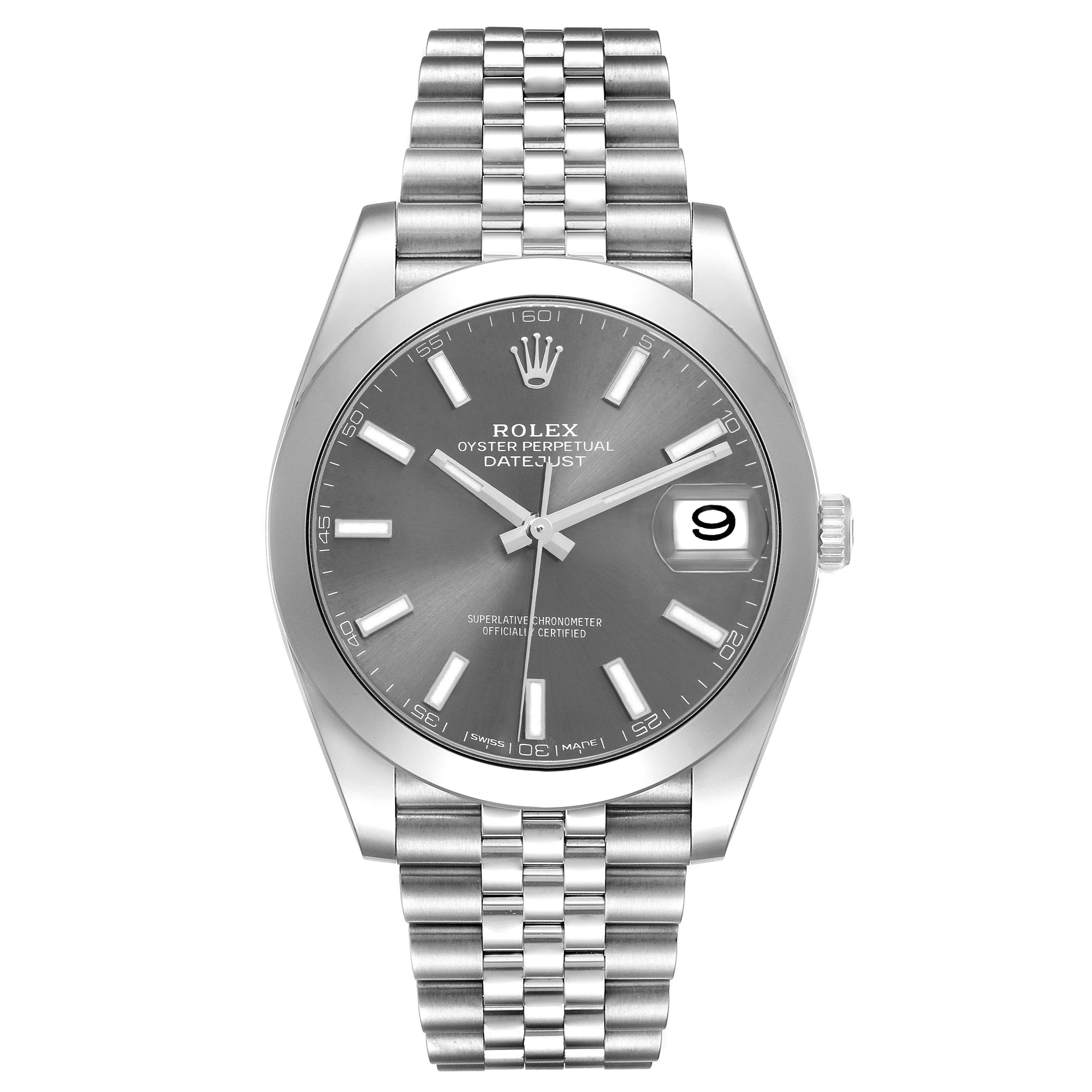 The image shows a Rolex Datejust 41 model (model number 126300) from a front view, highlighting the dial, date window, hands, and bracelet.