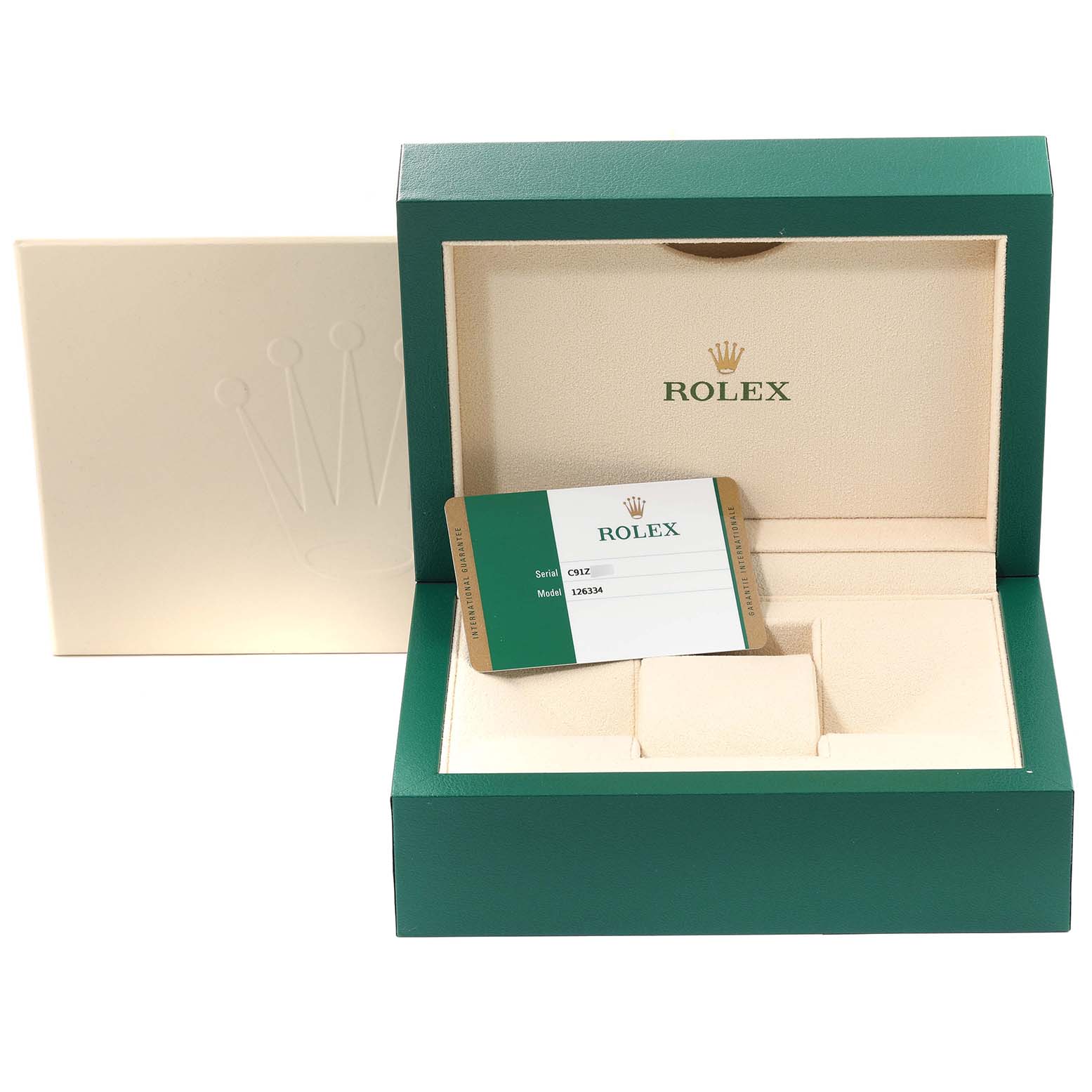 The image shows the open packaging and authentication card of a Rolex Datejust 41 126334 Men's Stainless Steel Black Dial 126334 Men's Stainless Steel Black Dial watch from a front angle.