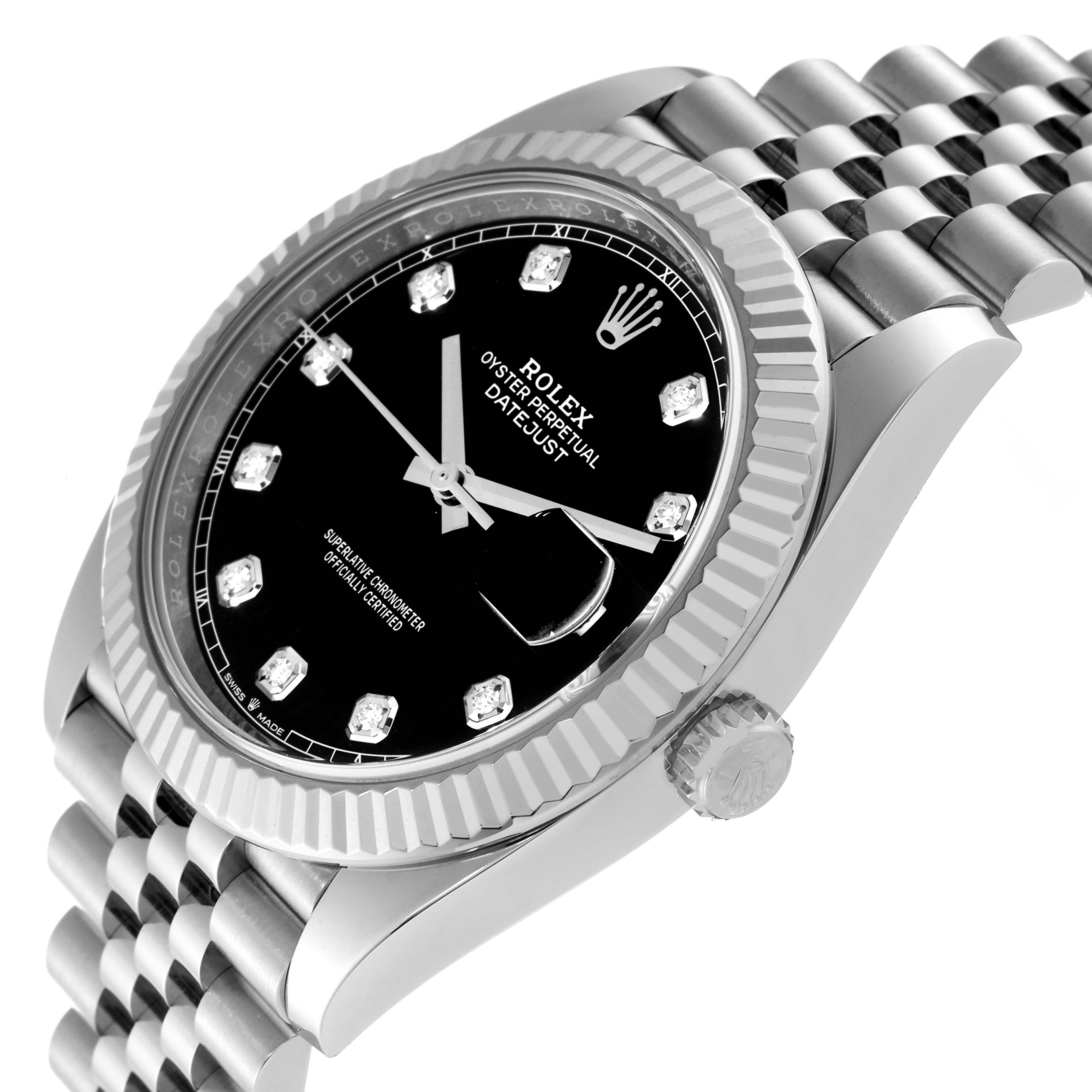 This image shows a Rolex Datejust 41 126334 Men's Stainless Steel Black Dial 126334 Men's Stainless Steel Black Dial watch from an angled side view, highlighting the dial, bezel, crown, and bracelet.