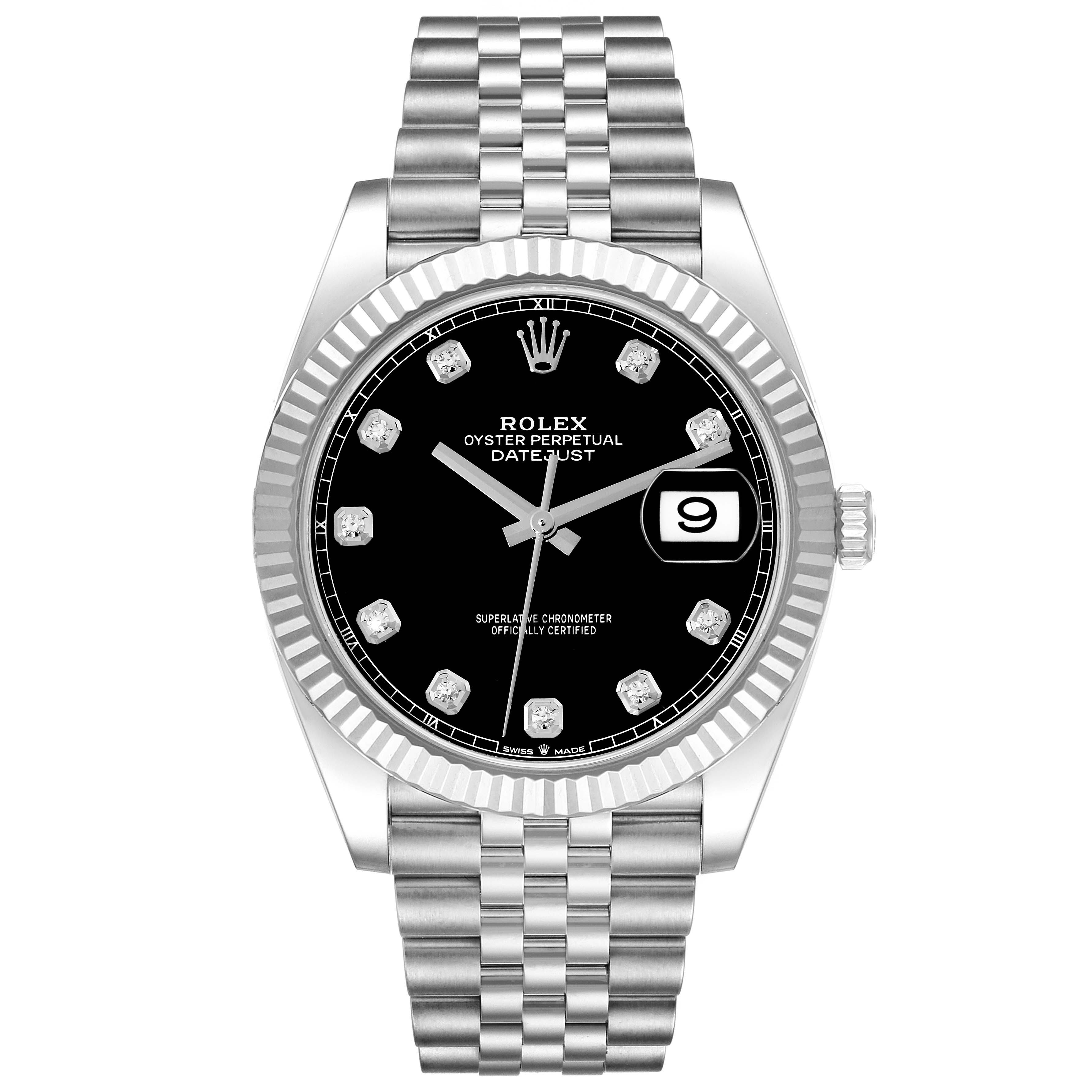 The Rolex Datejust 41 126334 Men's Stainless Steel Black Dial 126334 Men's Stainless Steel Black Dial watch is shown from a front angle, displaying the face, bezel, crown, and bracelet.