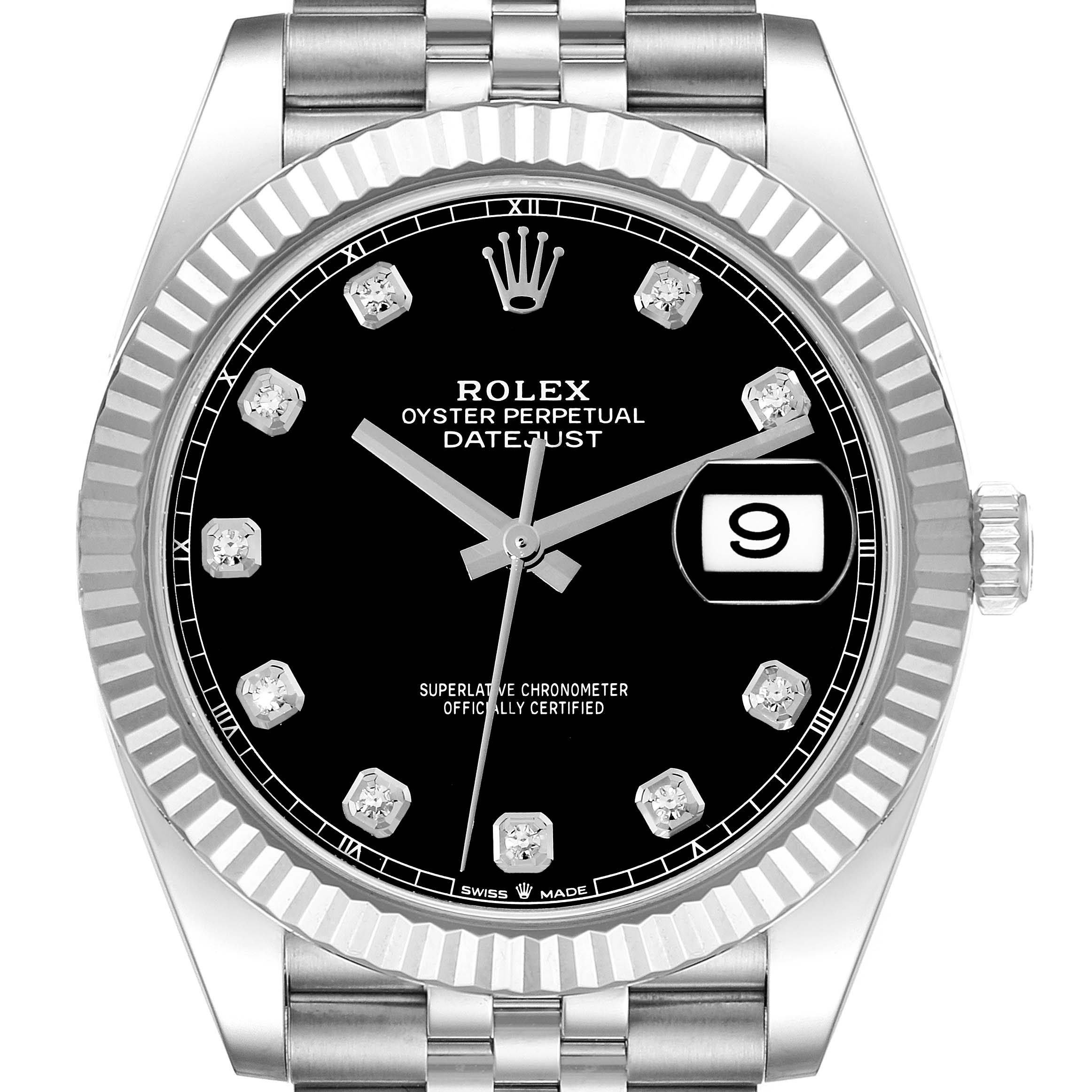 The image shows a front view of the Rolex Datejust 41 126334 Men's Stainless Steel Black Dial 126334 Men's Stainless Steel Black Dial watch, highlighting the dial, indices, hands, date window, and fluted bezel.