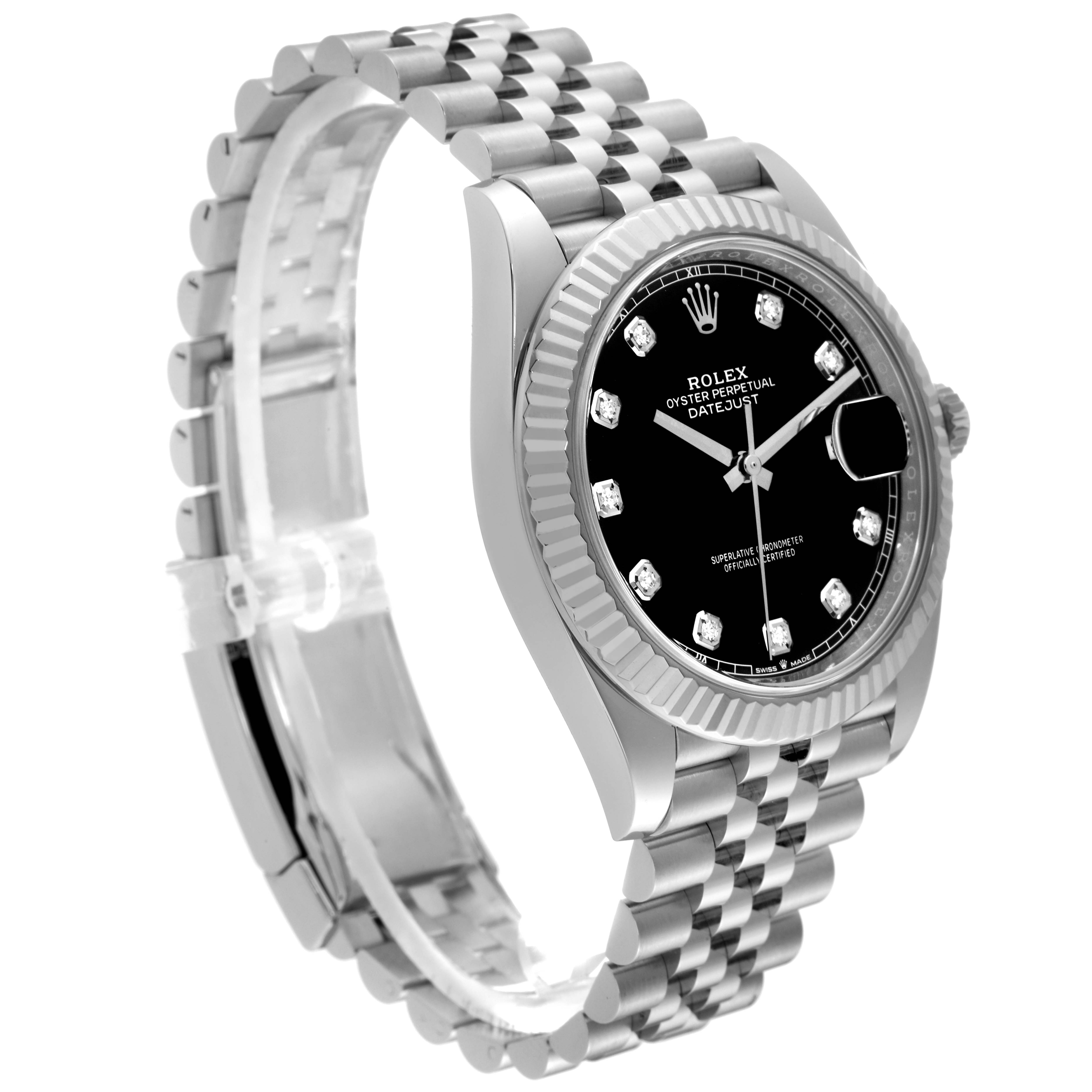 The Rolex Datejust 41 126334 Men's Stainless Steel Black Dial 126334 Men's Stainless Steel Black Dial watch is shown at an angle displaying the face, bezel, crown, and part of the bracelet.